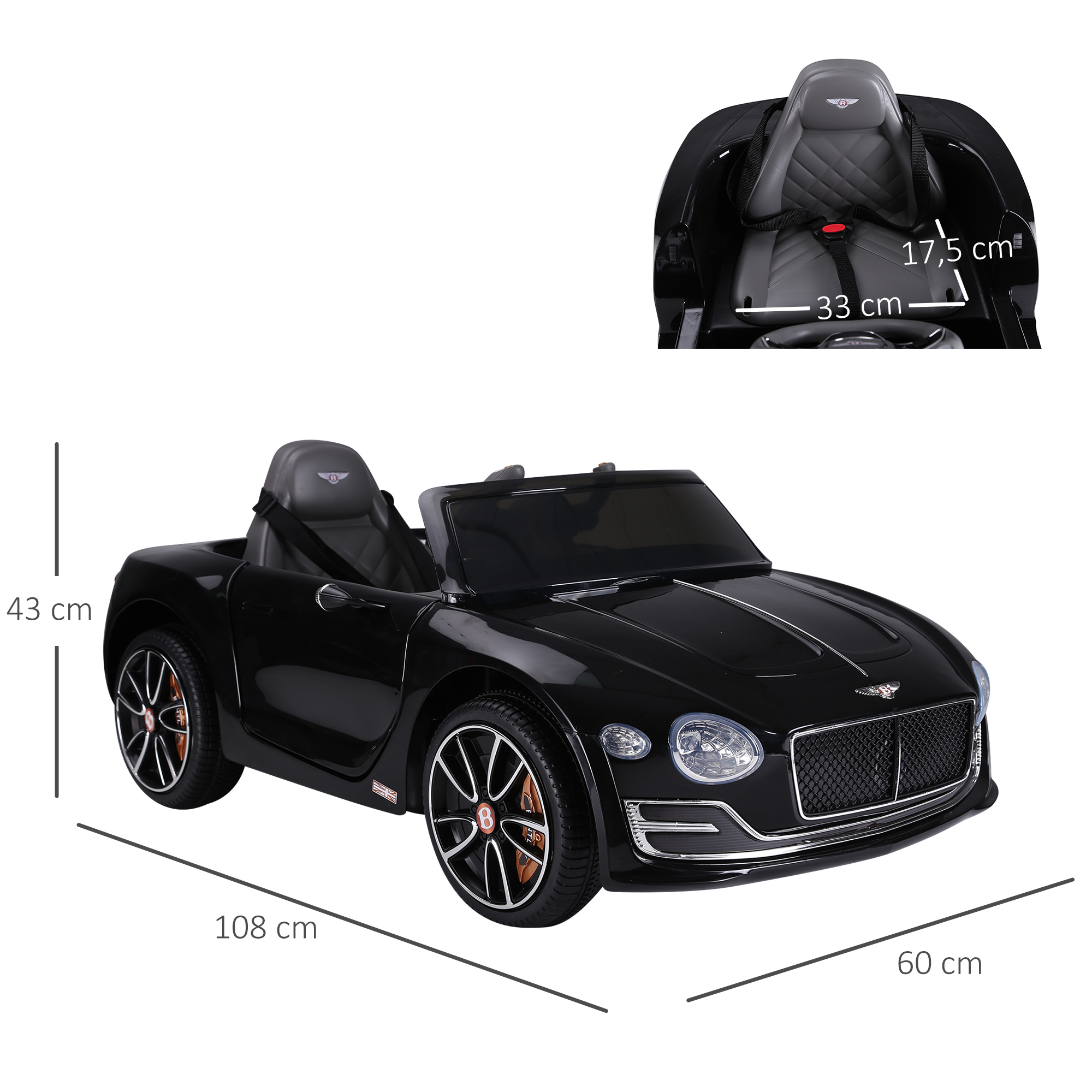 Coche de juguete Bentley negro con dimensiones etiquetadas. Asiento negro, llantas doradas. Fondo blanco.