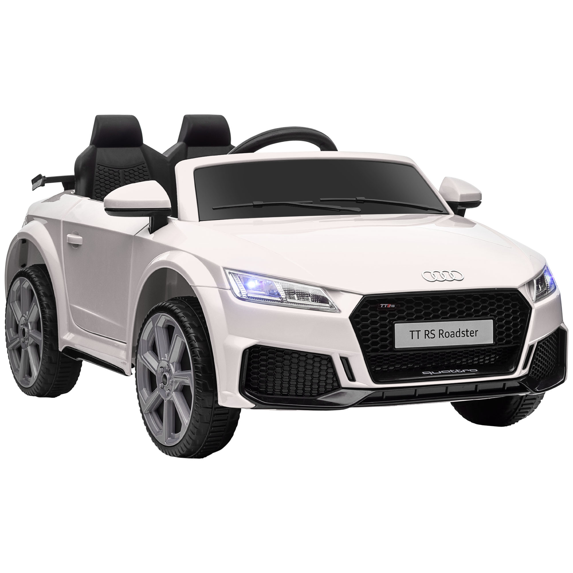 Auto giocattolo Audi TT RS Roadster bianca. Con sedili neri, specchietti e fari.