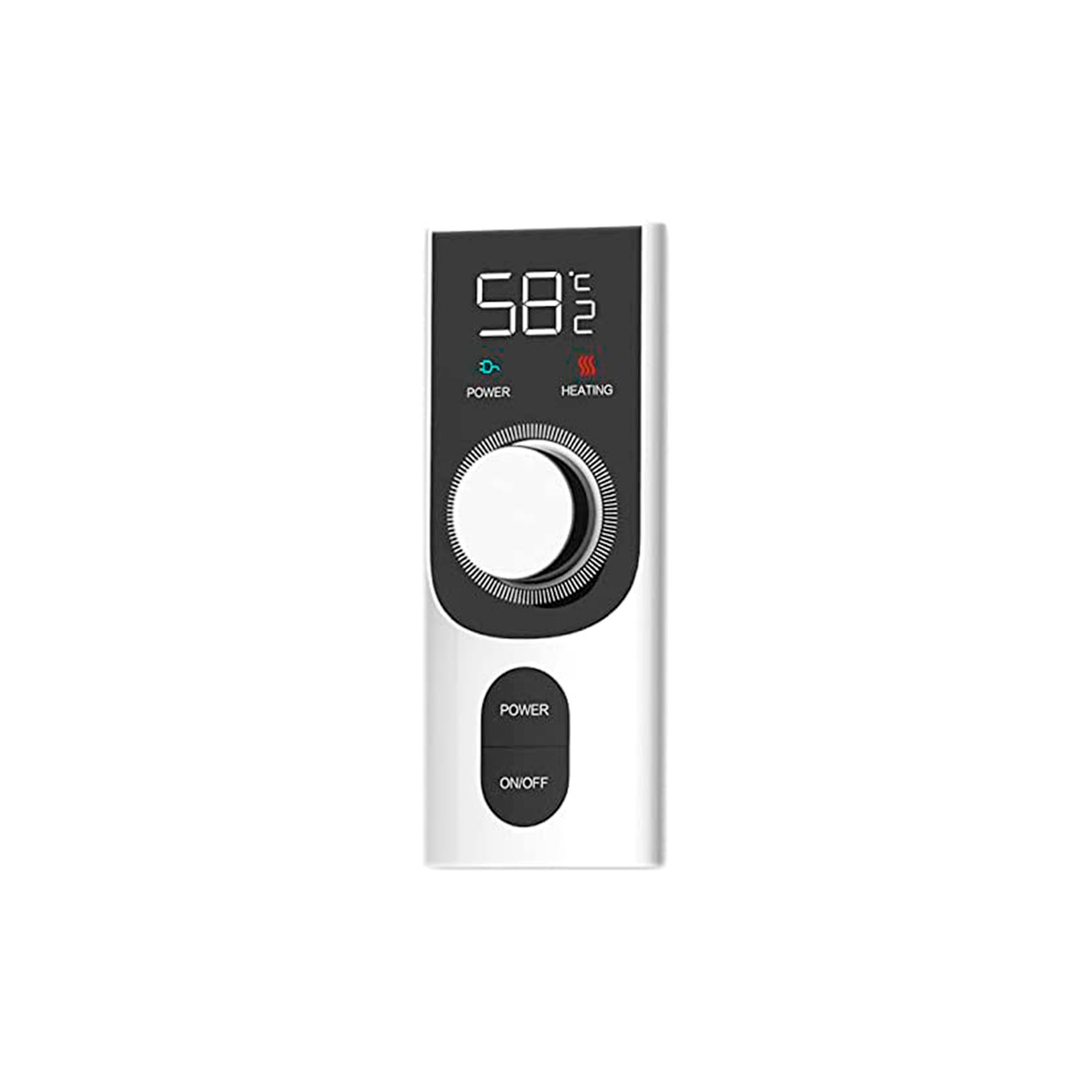 Un panel de control blanco y plateado con un dial y dos botones. El fondo es blanco.