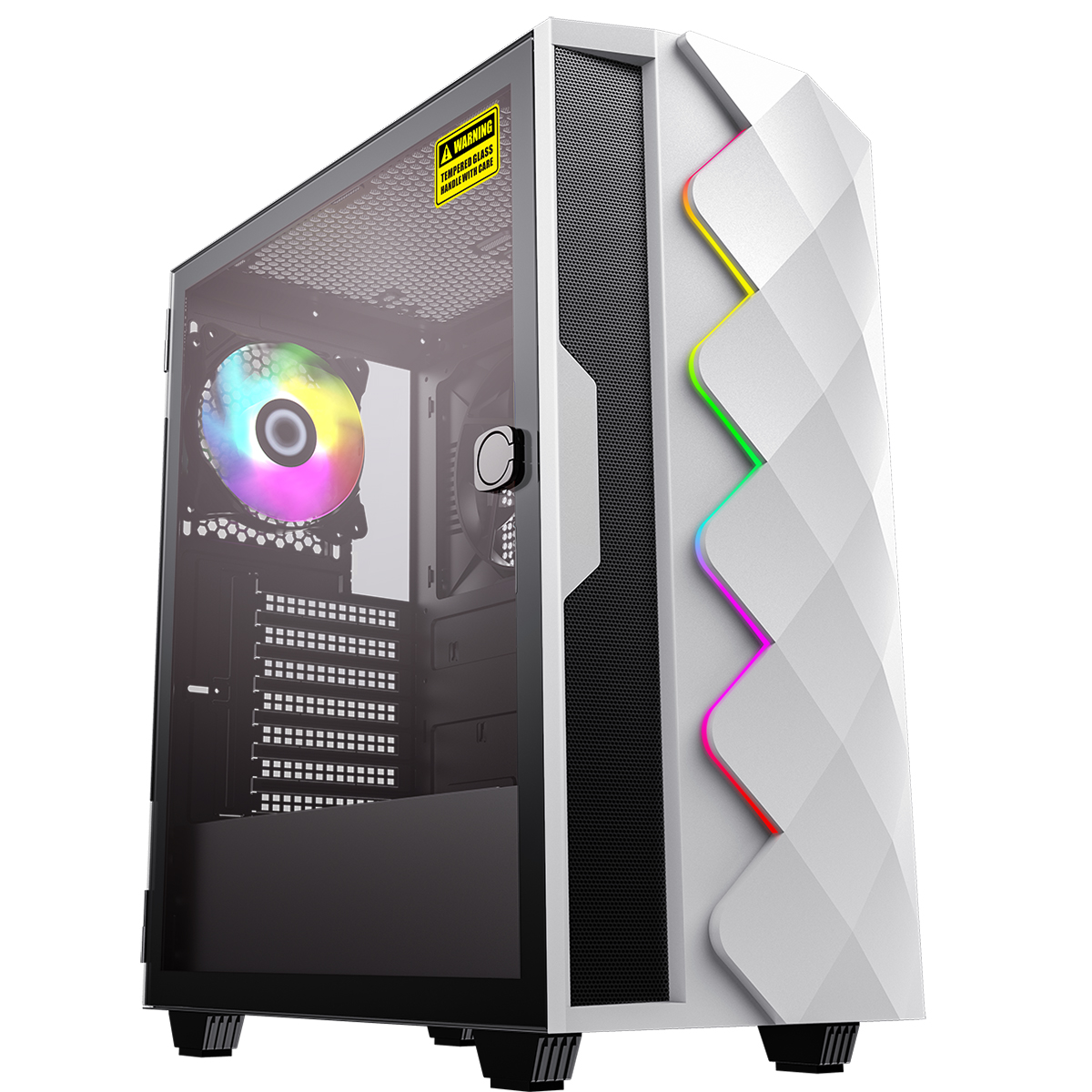 Weißes PC-Gehäuse mit transparentem Seitenteil, Lüfter und farbigen LED-Leuchten.