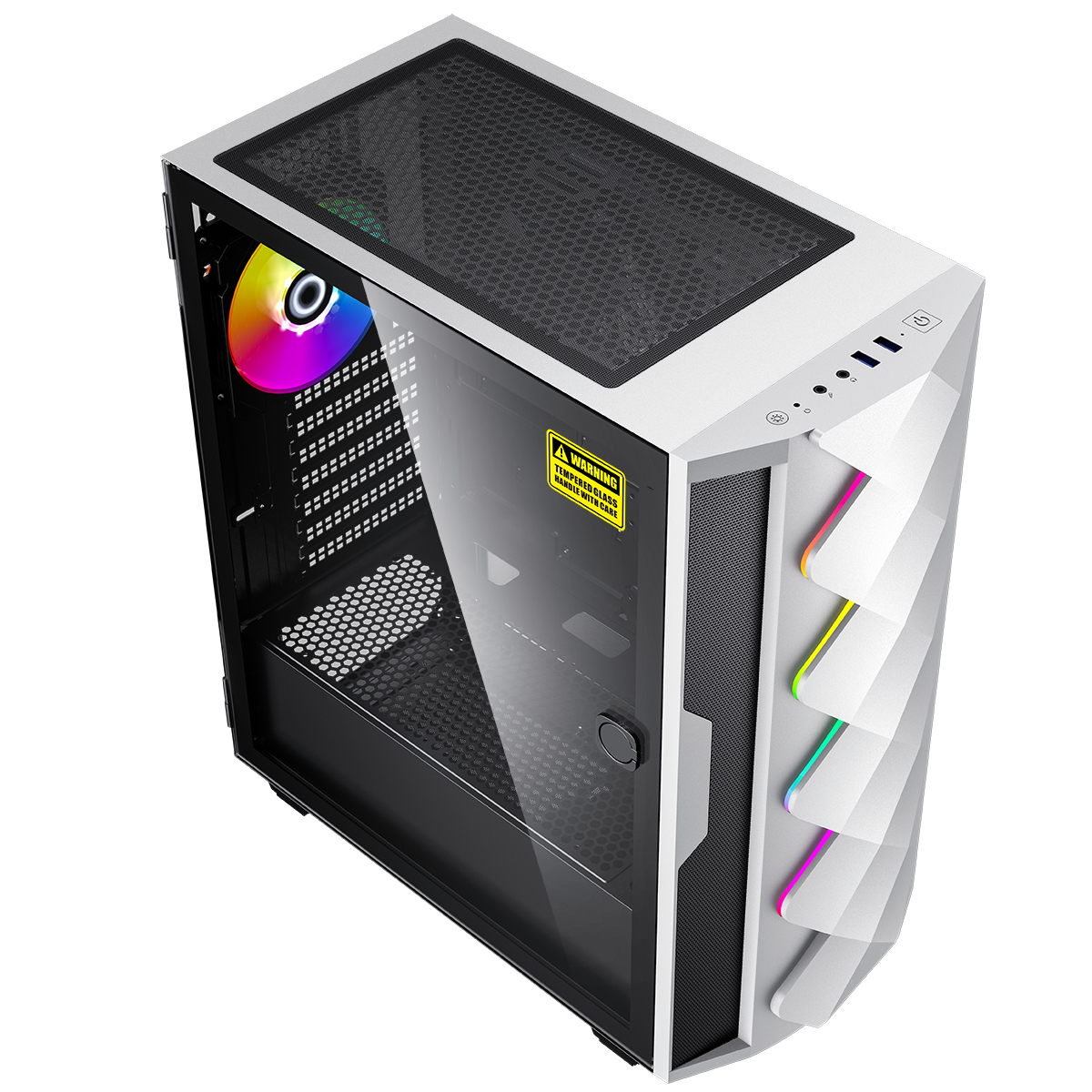 Weißes Computergehäuse mit Glasplatte und mehrfarbigem Lüfter.