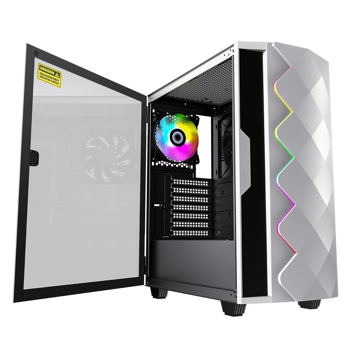 Weißes Computergehäuse mit Glastür und Regenbogen-Lüfter.