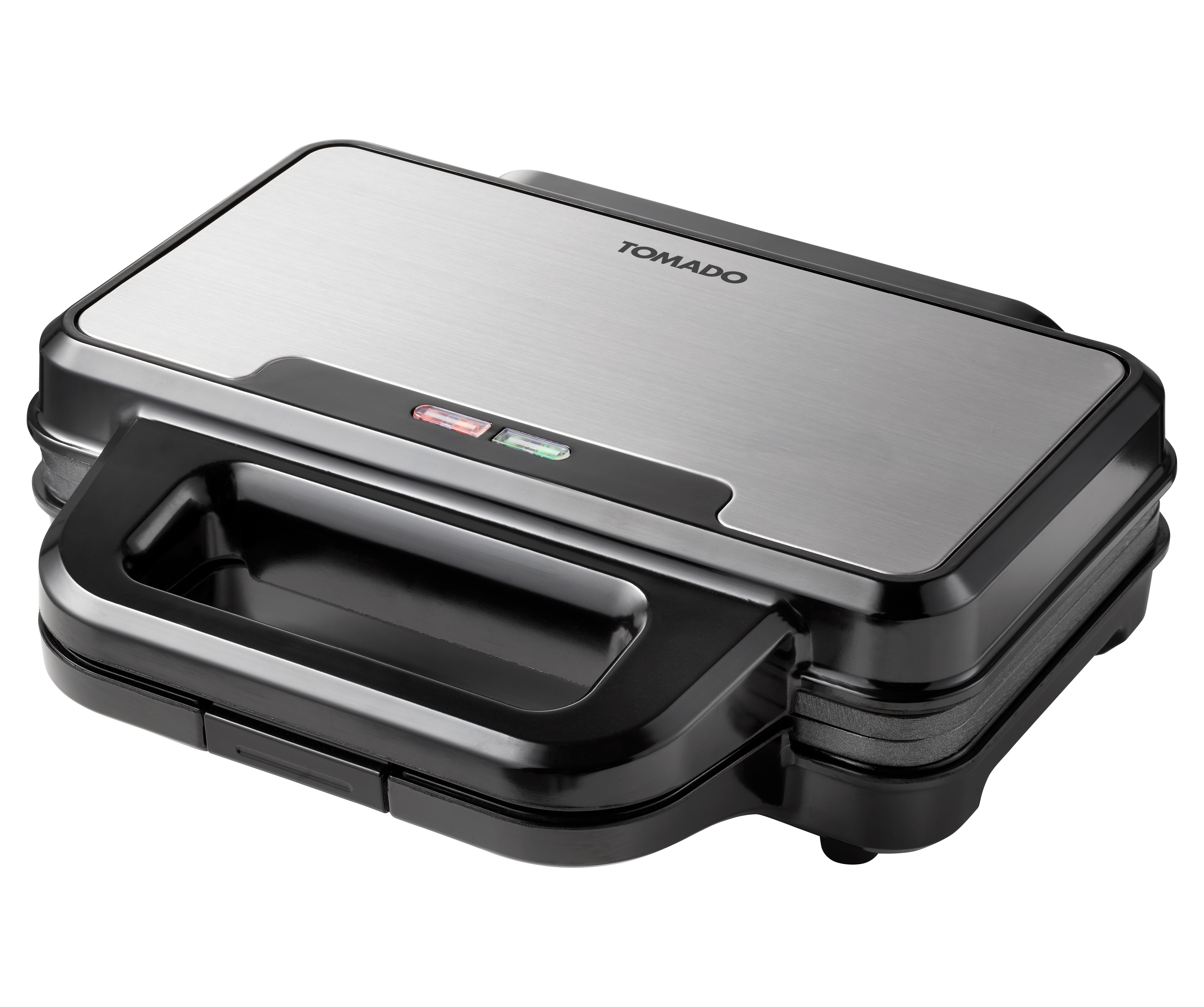 Black and silver TOMADO waffle maker with indicator lights.