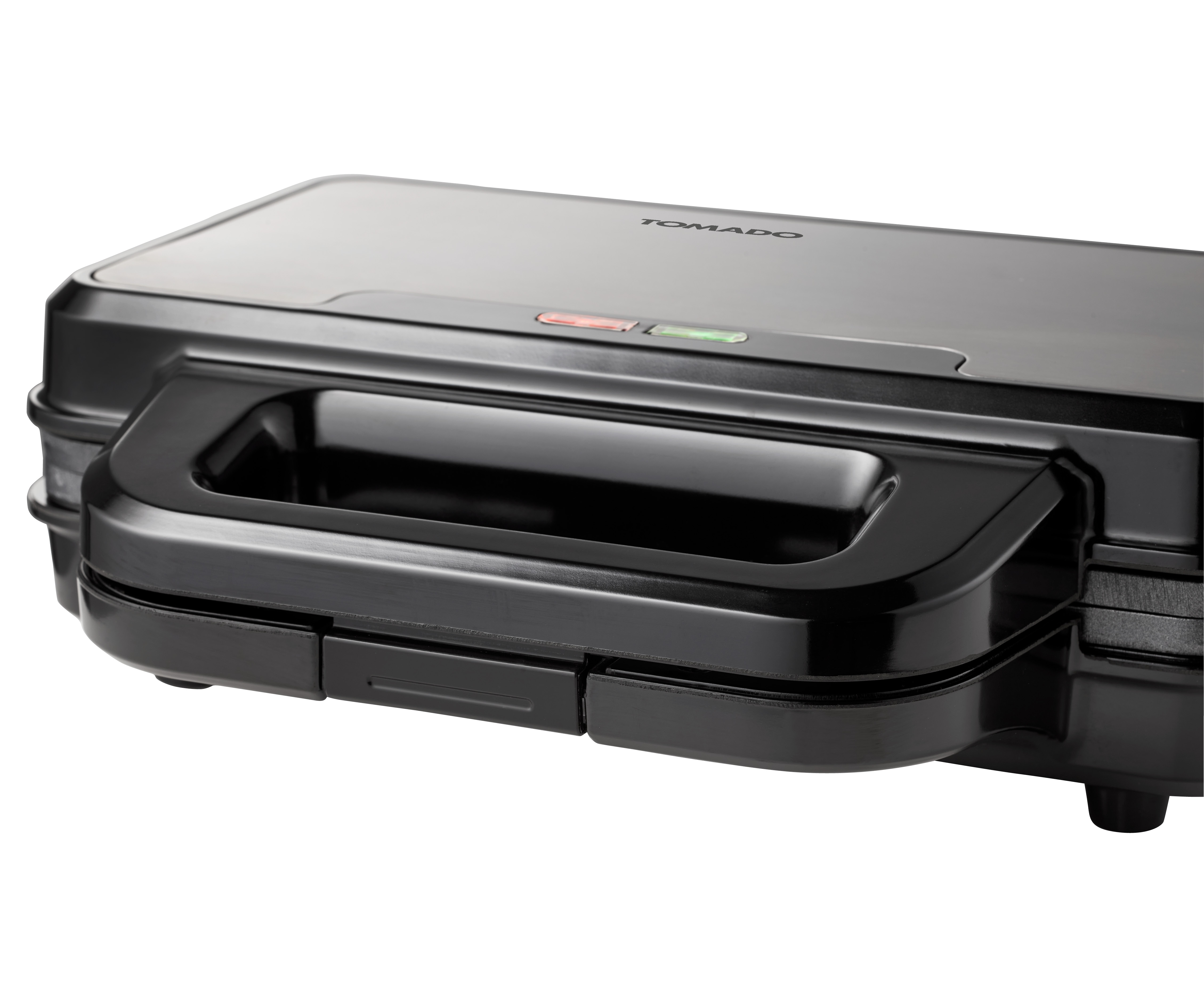 Black Tomado sandwich maker with a handle and indicator lights.