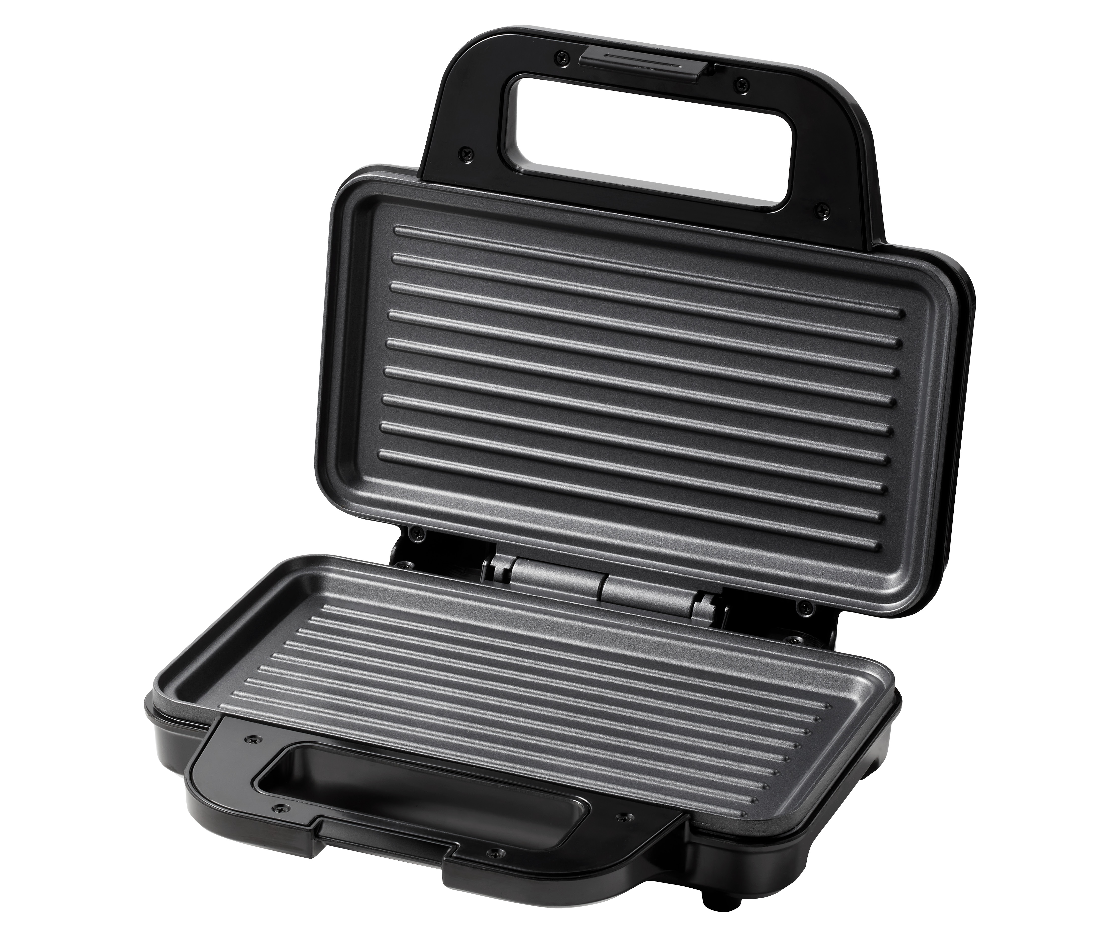 An open black sandwich maker with griddle plates, white background.