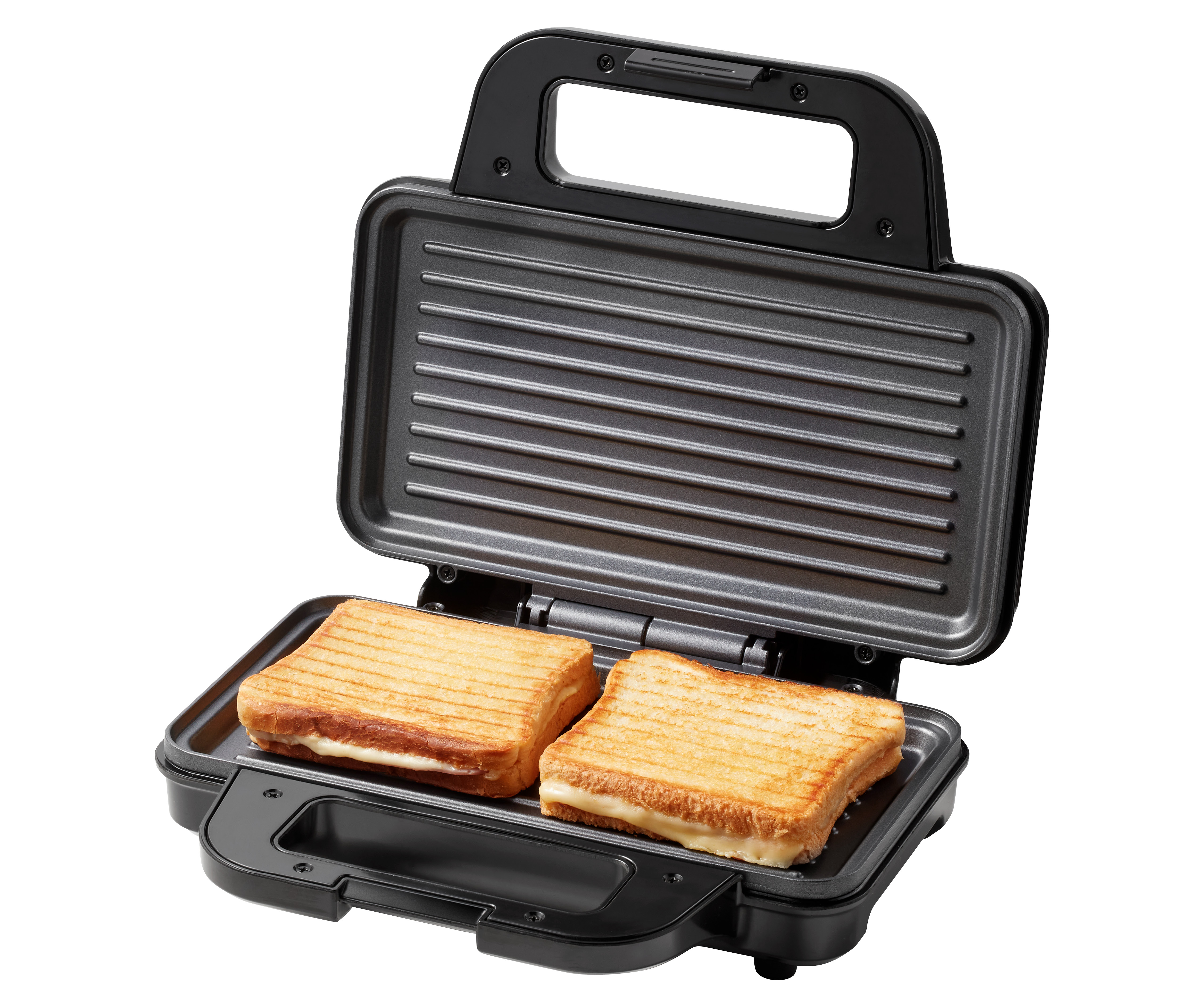 Black sandwich maker with two toasted sandwiches inside. White background.