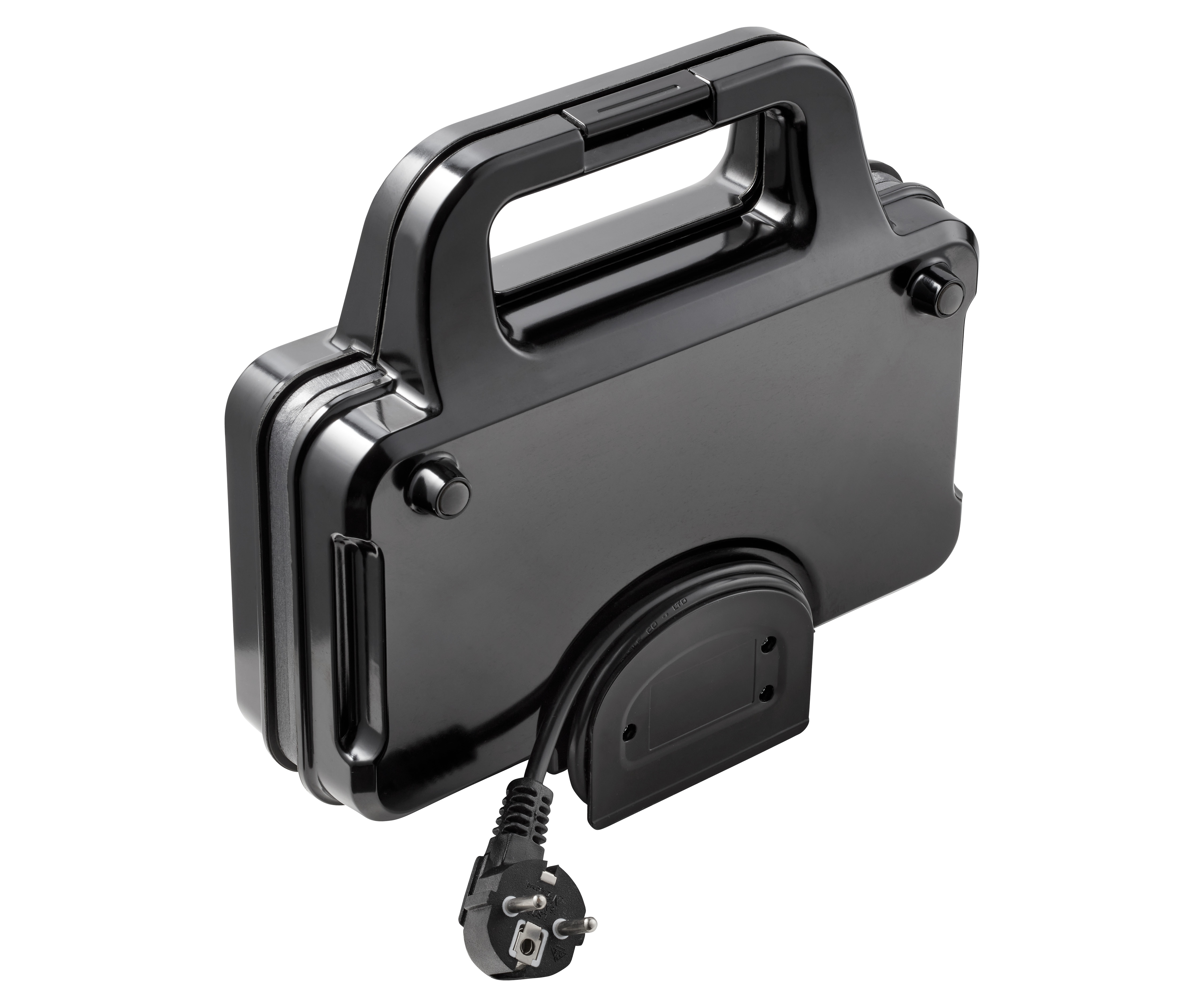 Black sandwich maker with a handle, power cord, and plug. The appliance is closed.