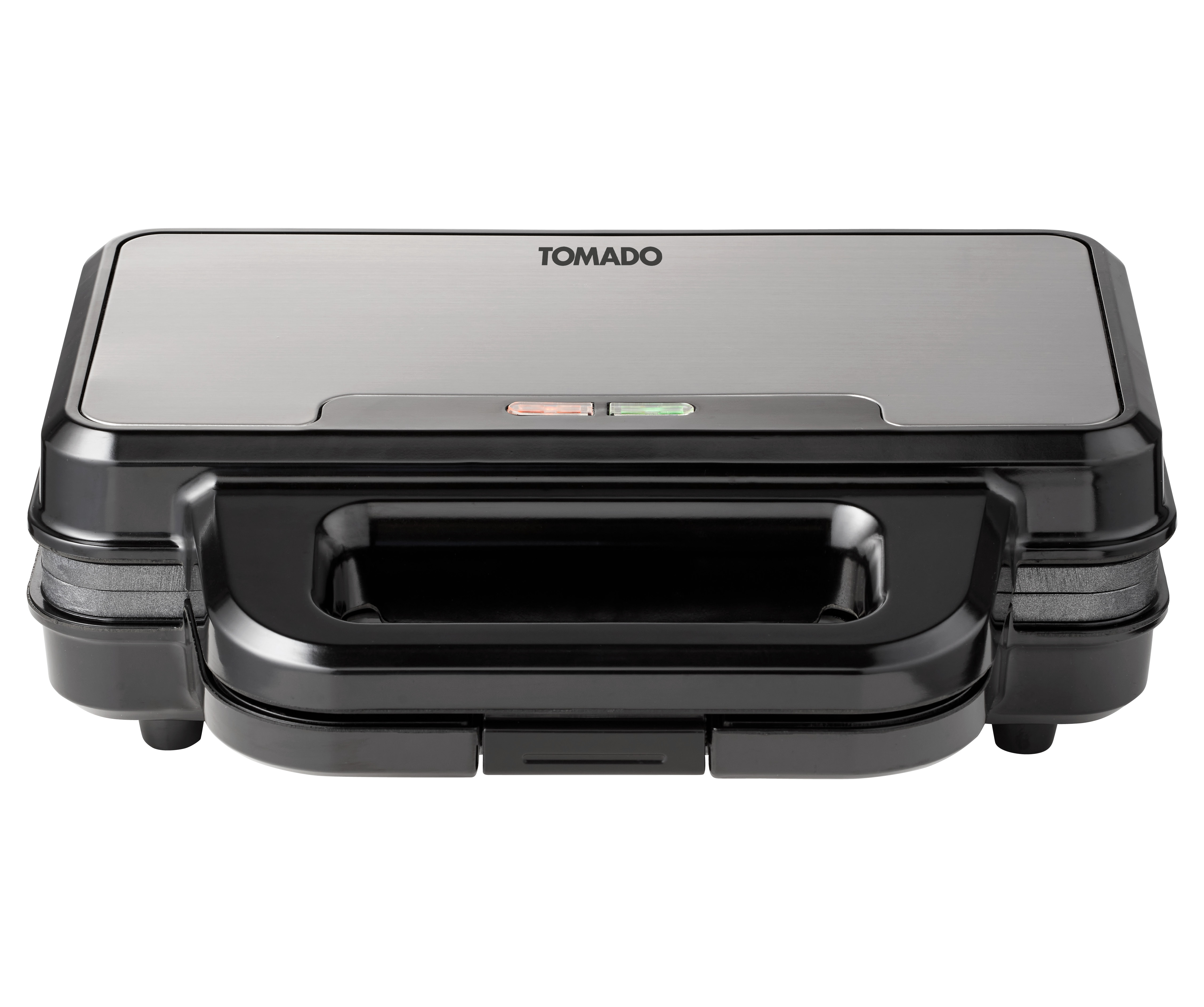 Black and silver Tomado sandwich maker, with red and green lights on top.