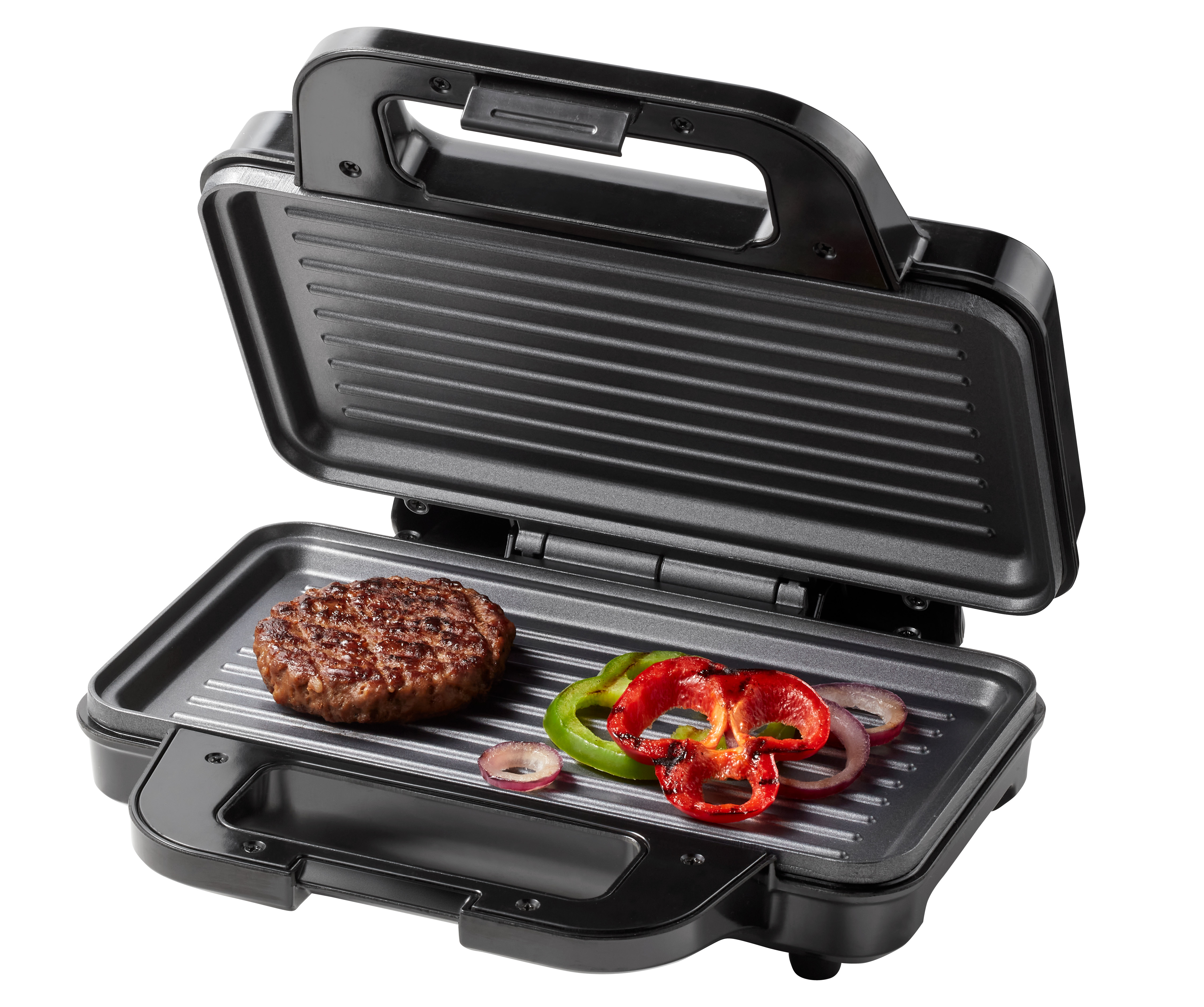 Open black grill with cooked burger, red and green peppers, and red onion slices.