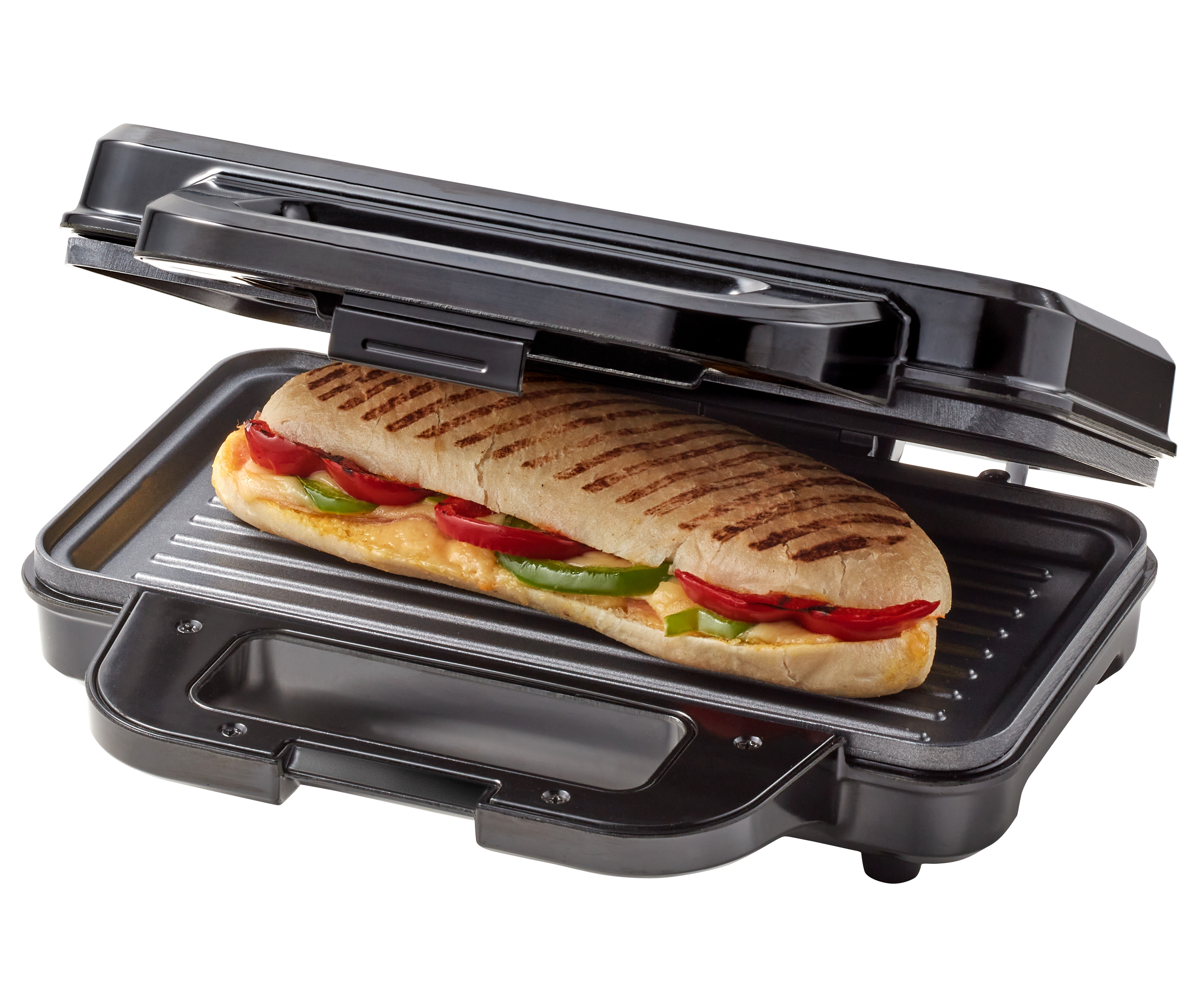 A black panini press with a grilled sandwich inside, cut in half.