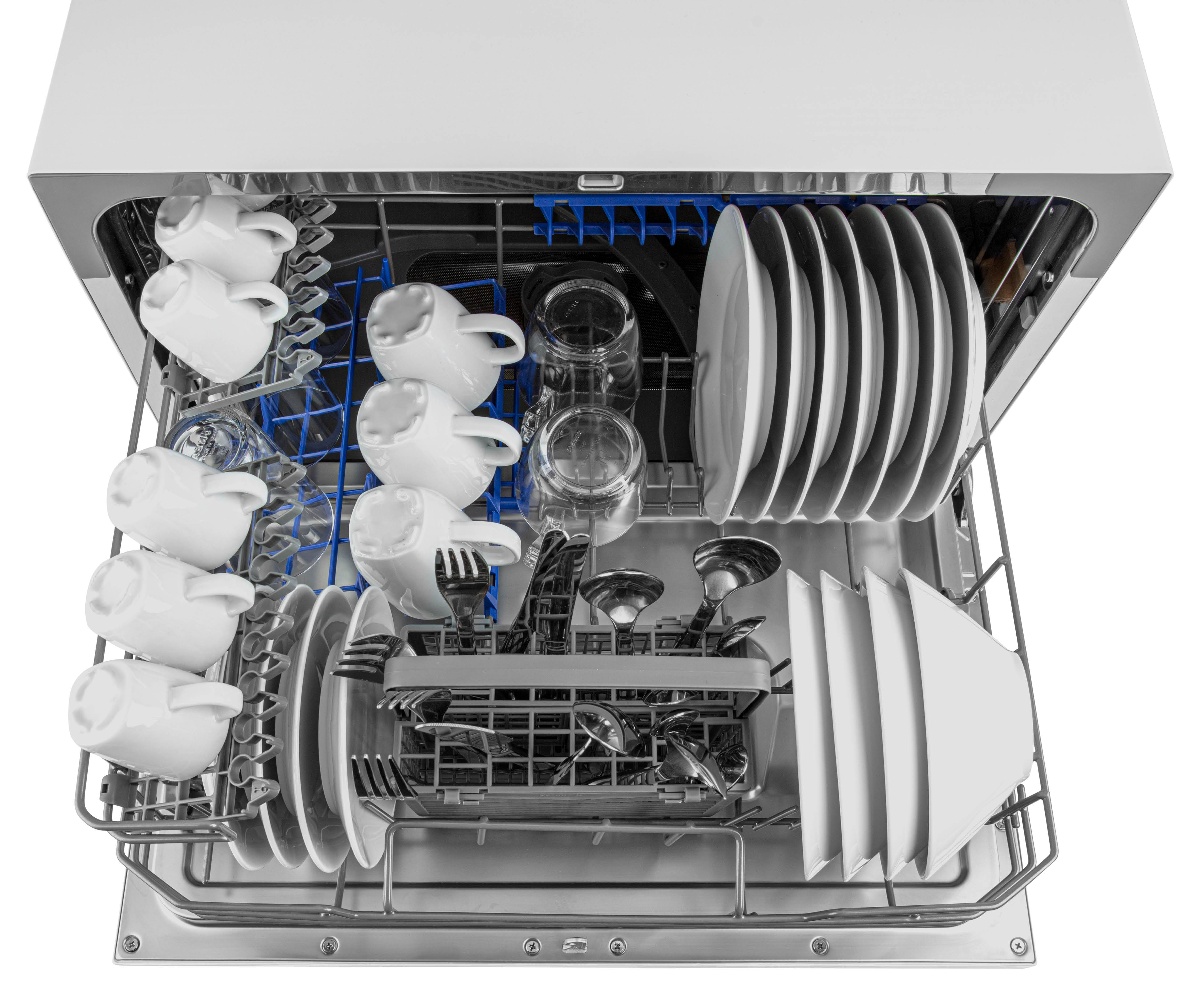 A dishwasher filled with dishes, cups, and silverware, all clean and ready.
