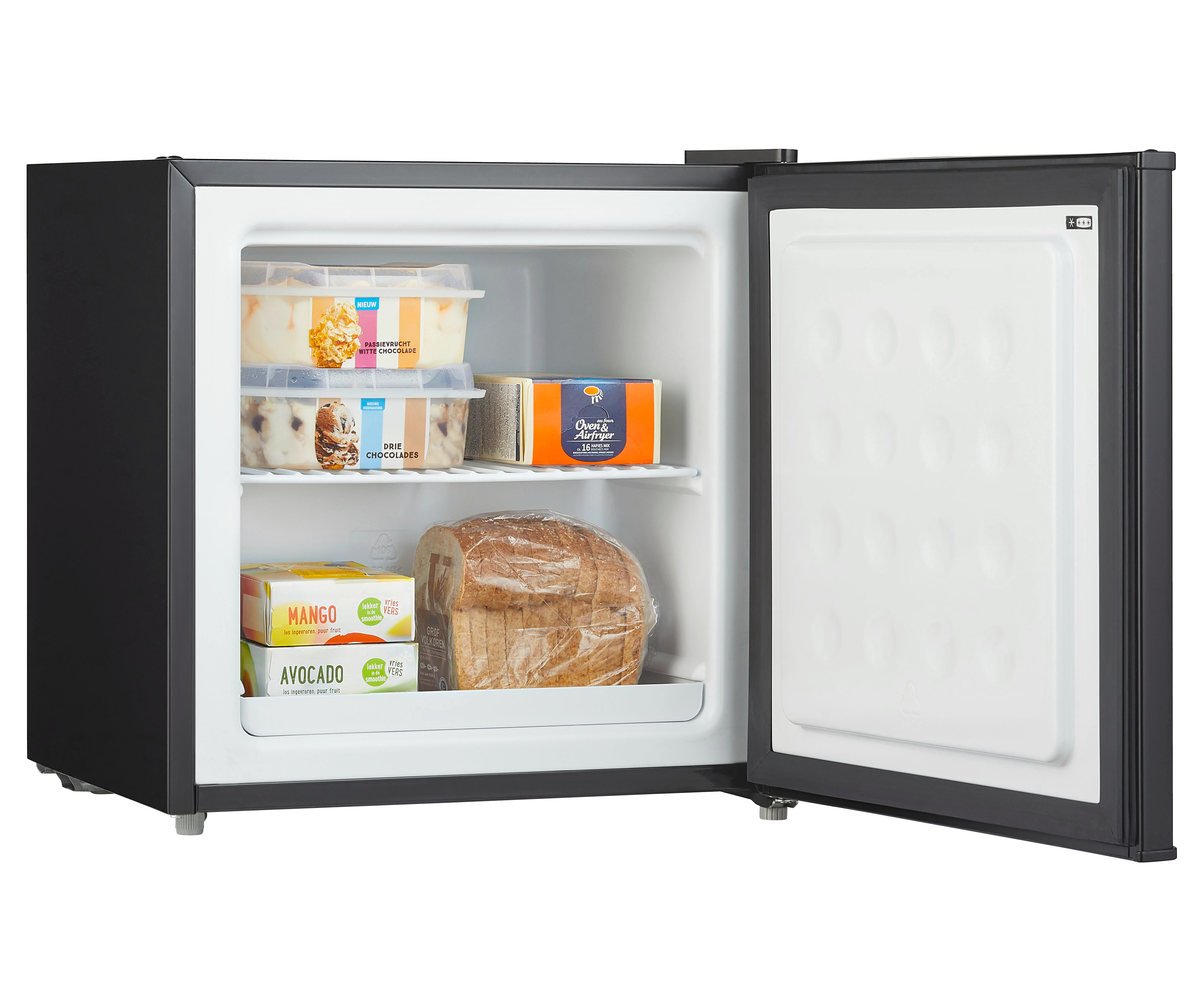 Small black refrigerator, open. Food items are on the shelves inside.
