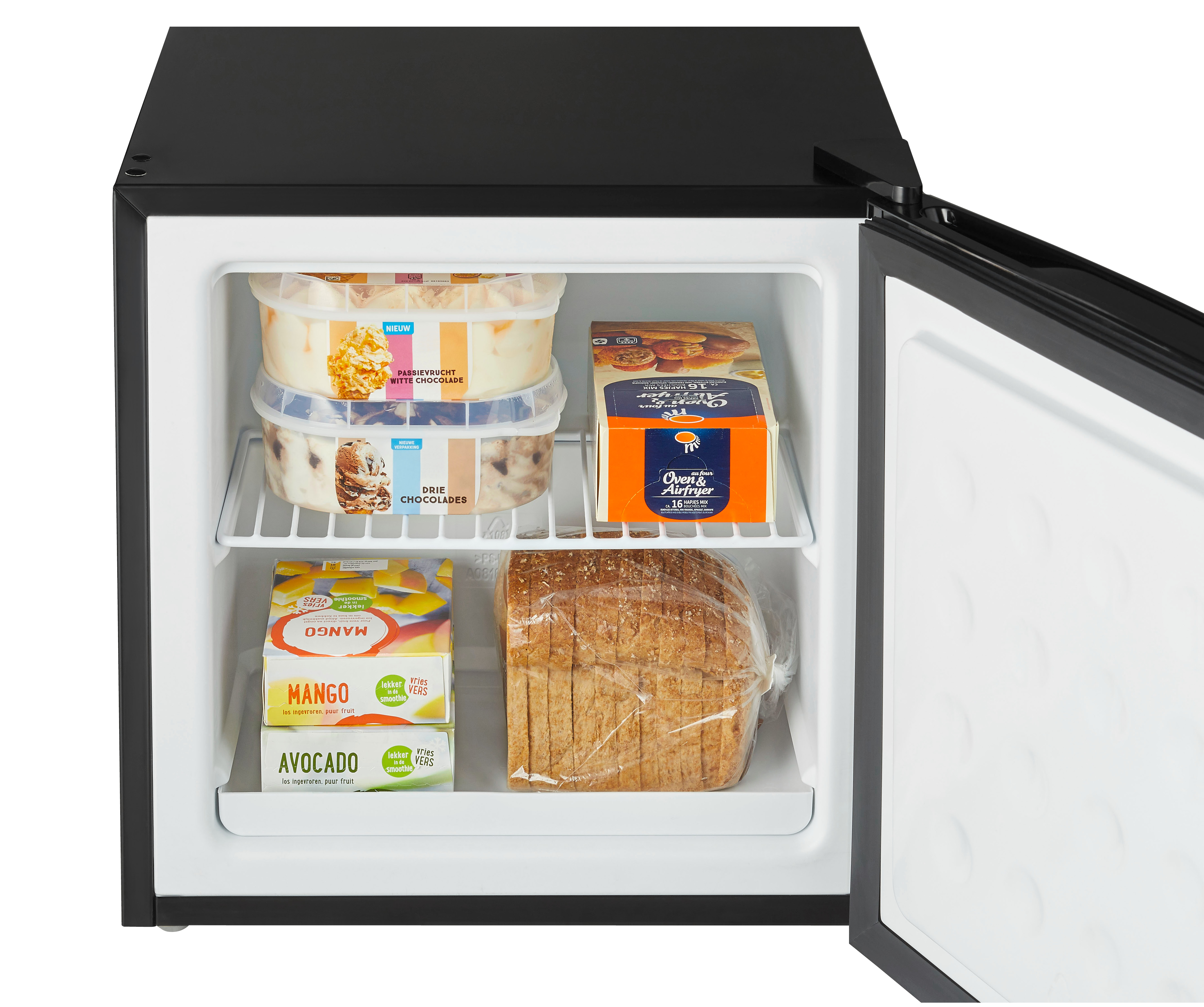 Open refrigerator interior with shelves. Contains ice cream, bread, and frozen mango and avocado.