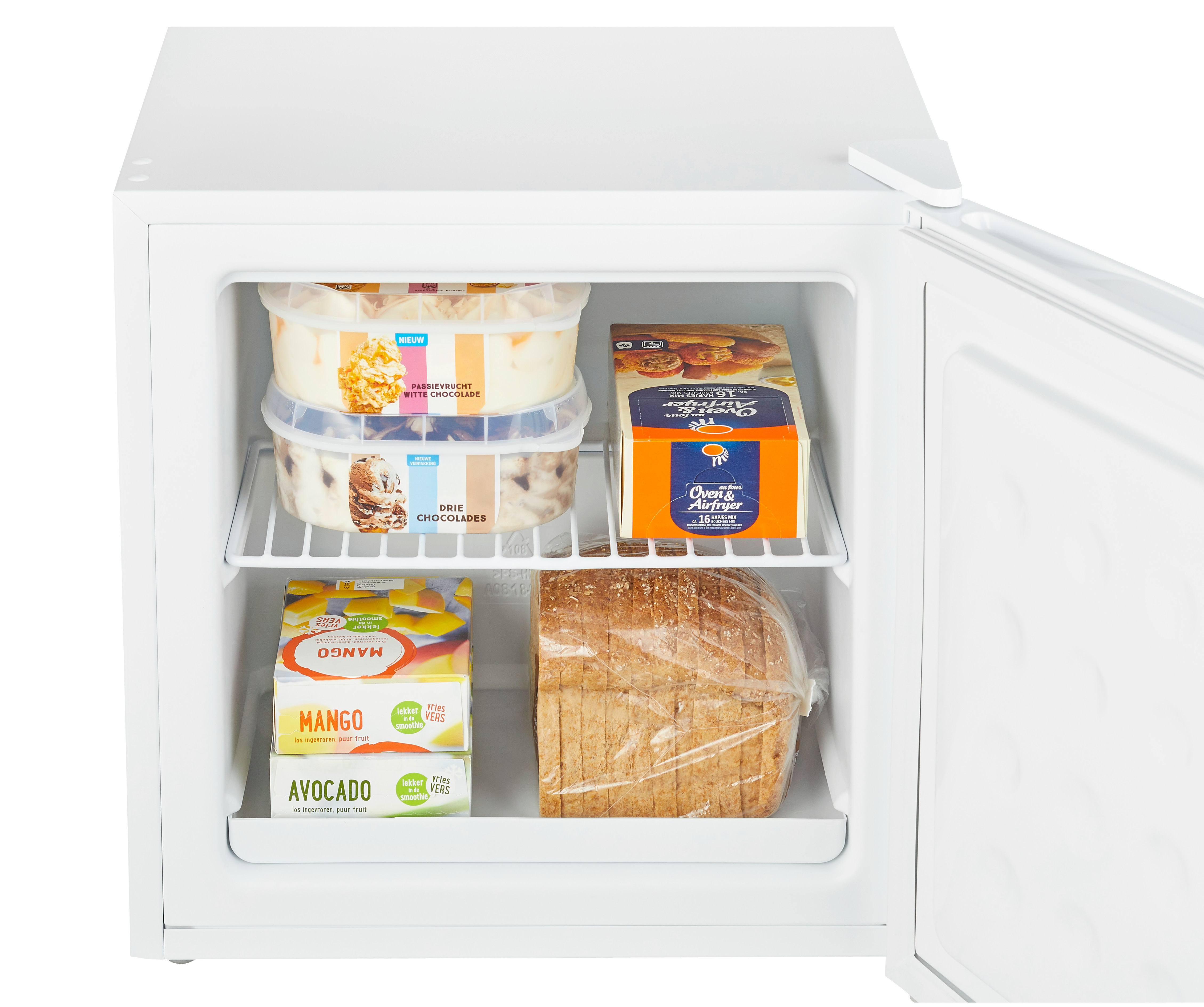 White mini-fridge with open door, showing food items inside.