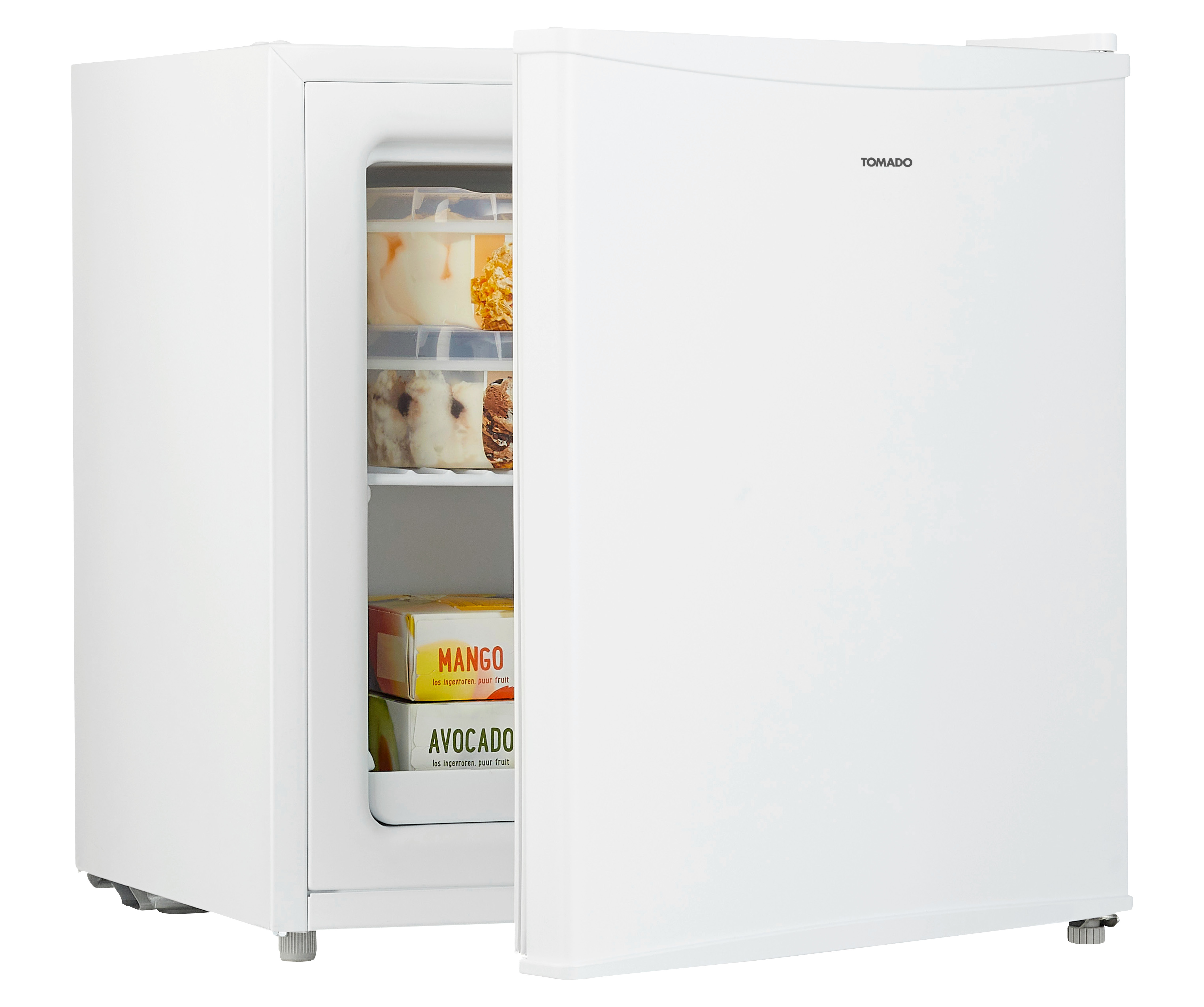 A white mini fridge with the door open.