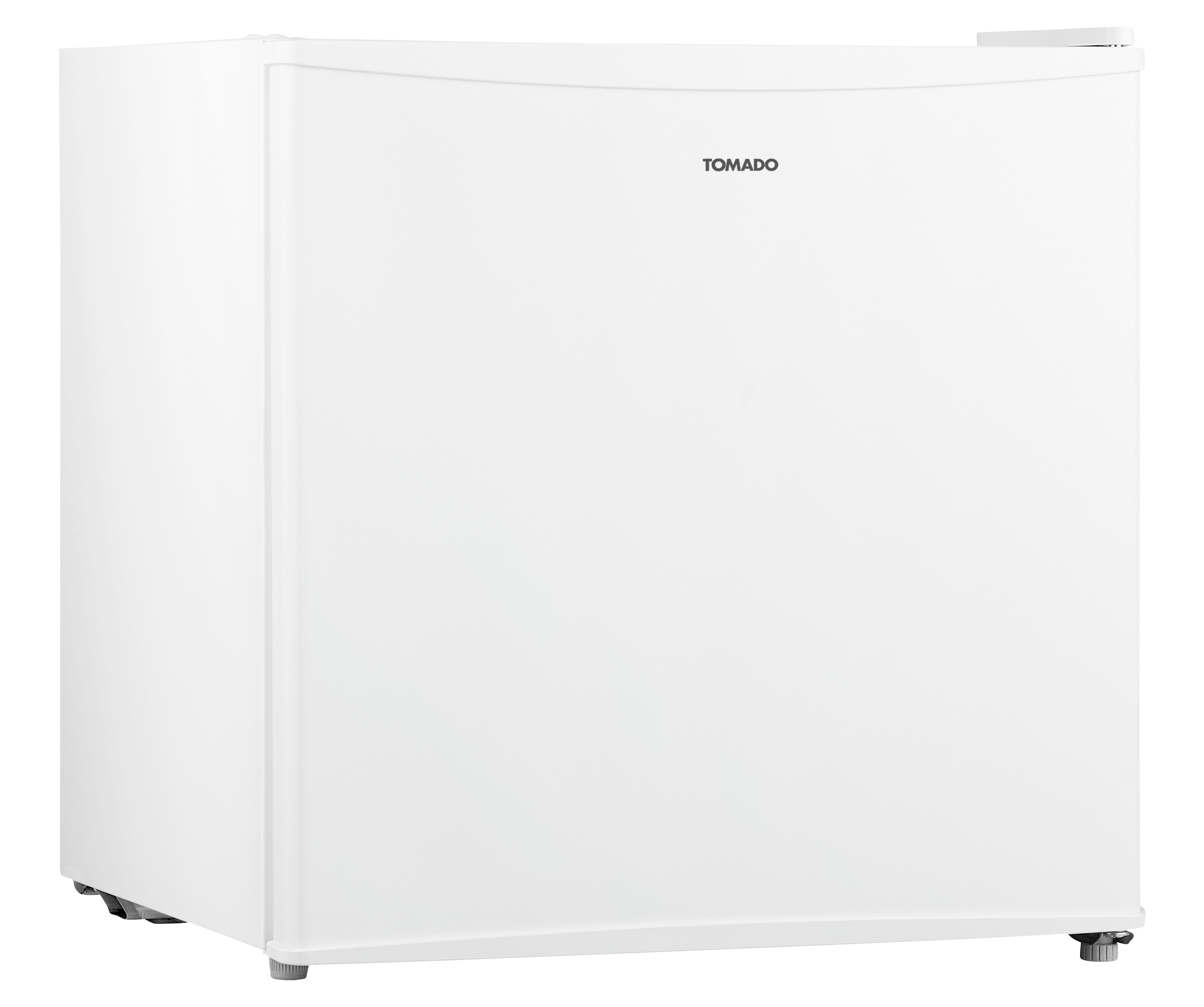 White Tomado mini fridge. It has a handle and the brand name on the front.