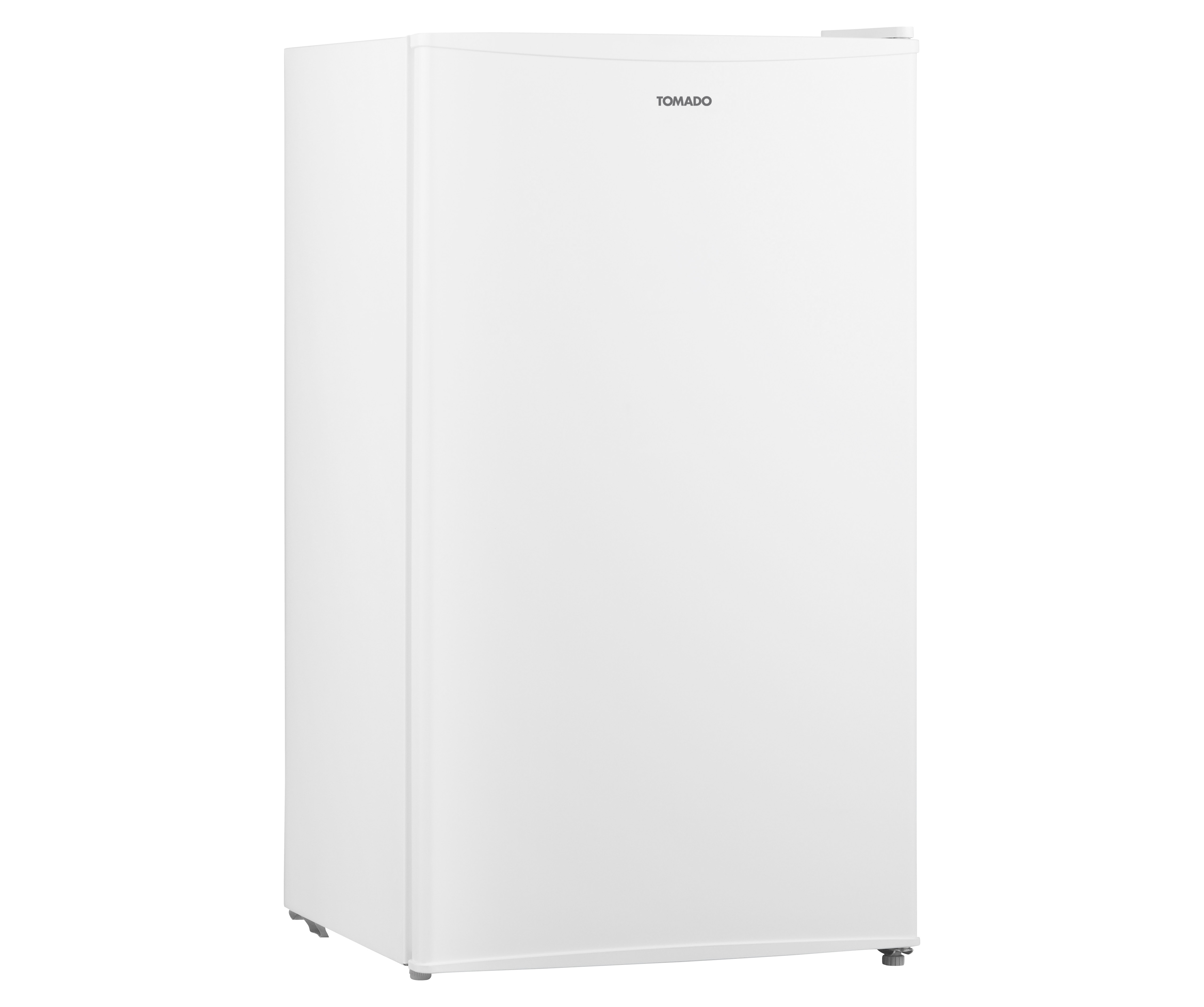 Weißer Kühlschrank. TOMADO-Logo oben. Der Kühlschrank hat eine einzelne Tür.