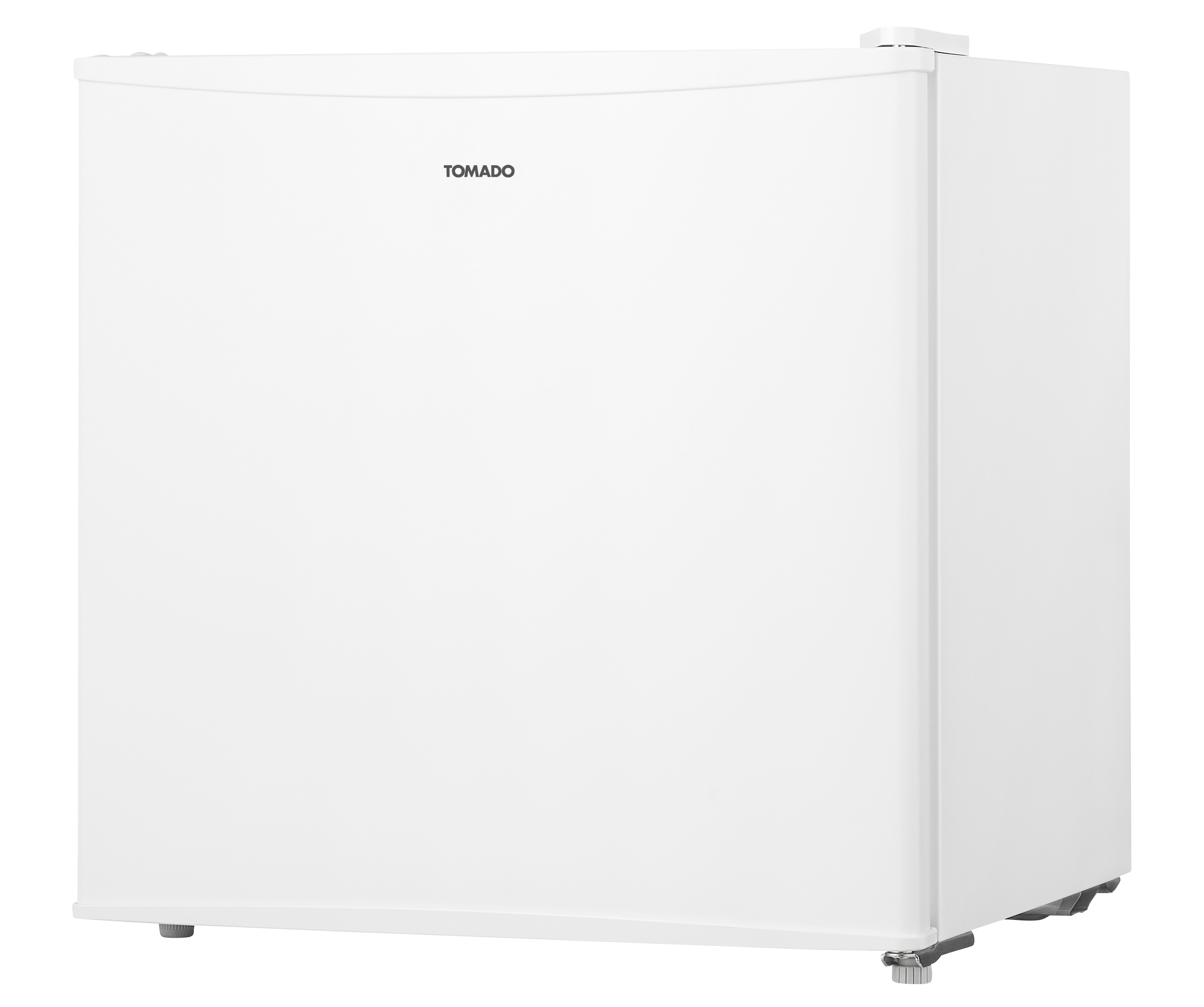 A white mini-fridge with the word TOMADO on the door and a black base.