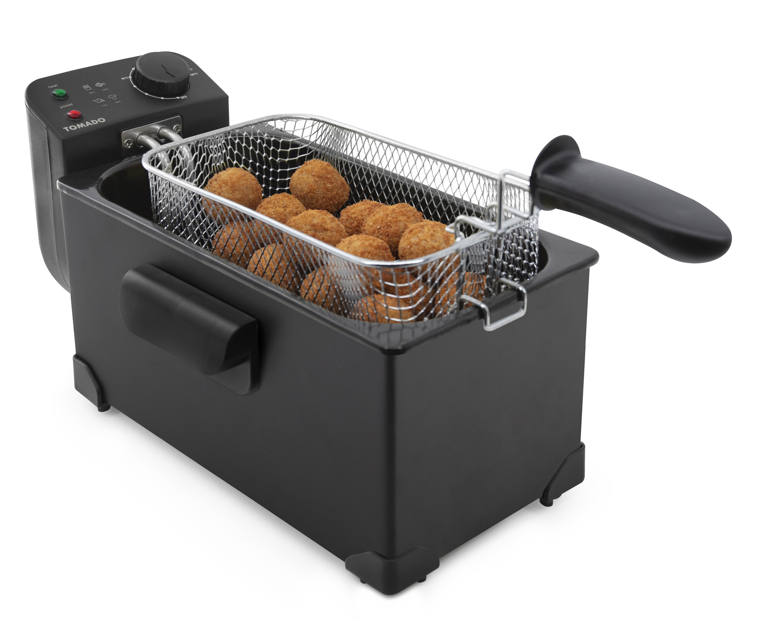 Schwarze Fritteuse mit Korb voller frittierter Bällchen.