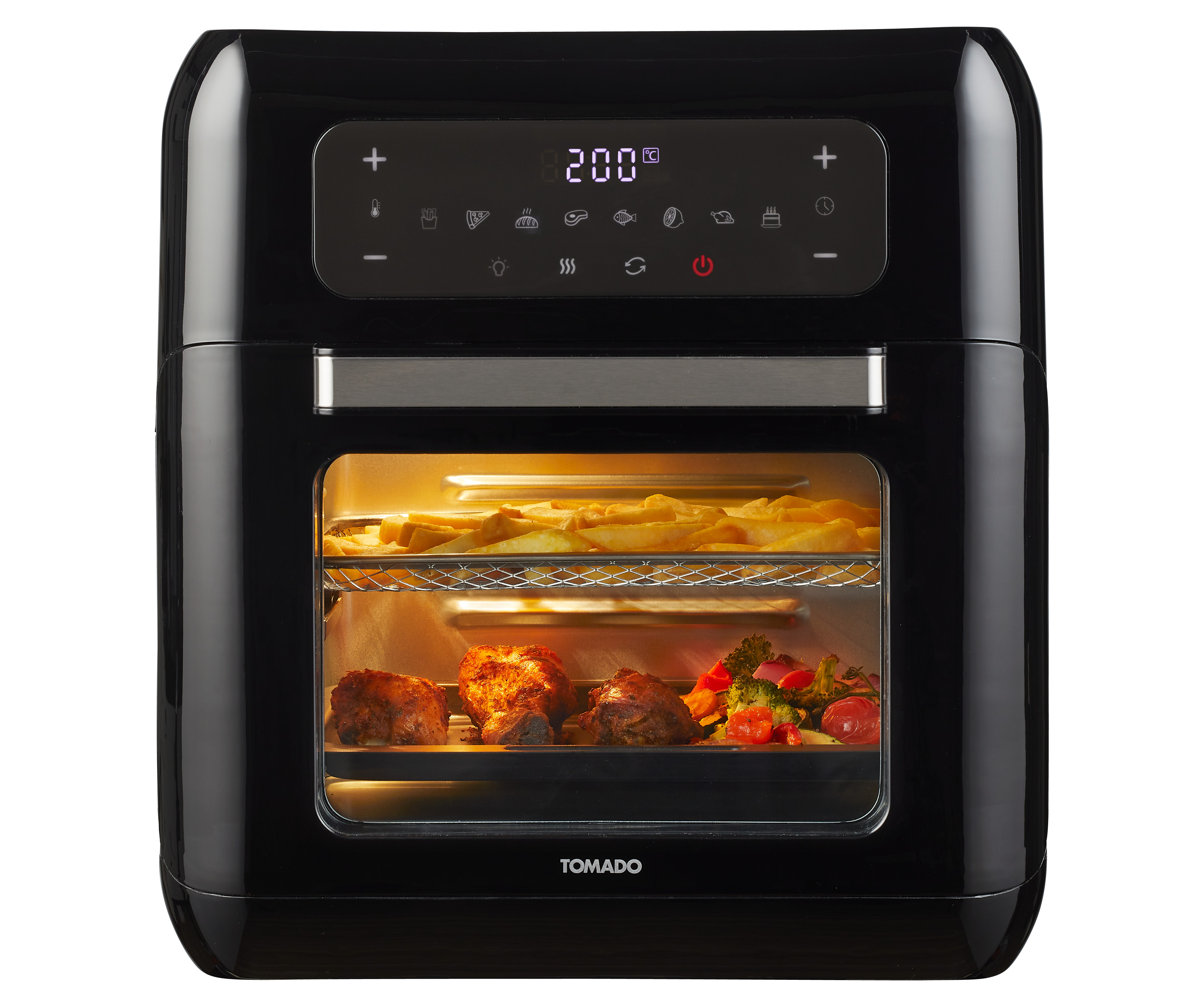 Black air fryer with french fries, chicken, and vegetables visible inside. Display shows 200.