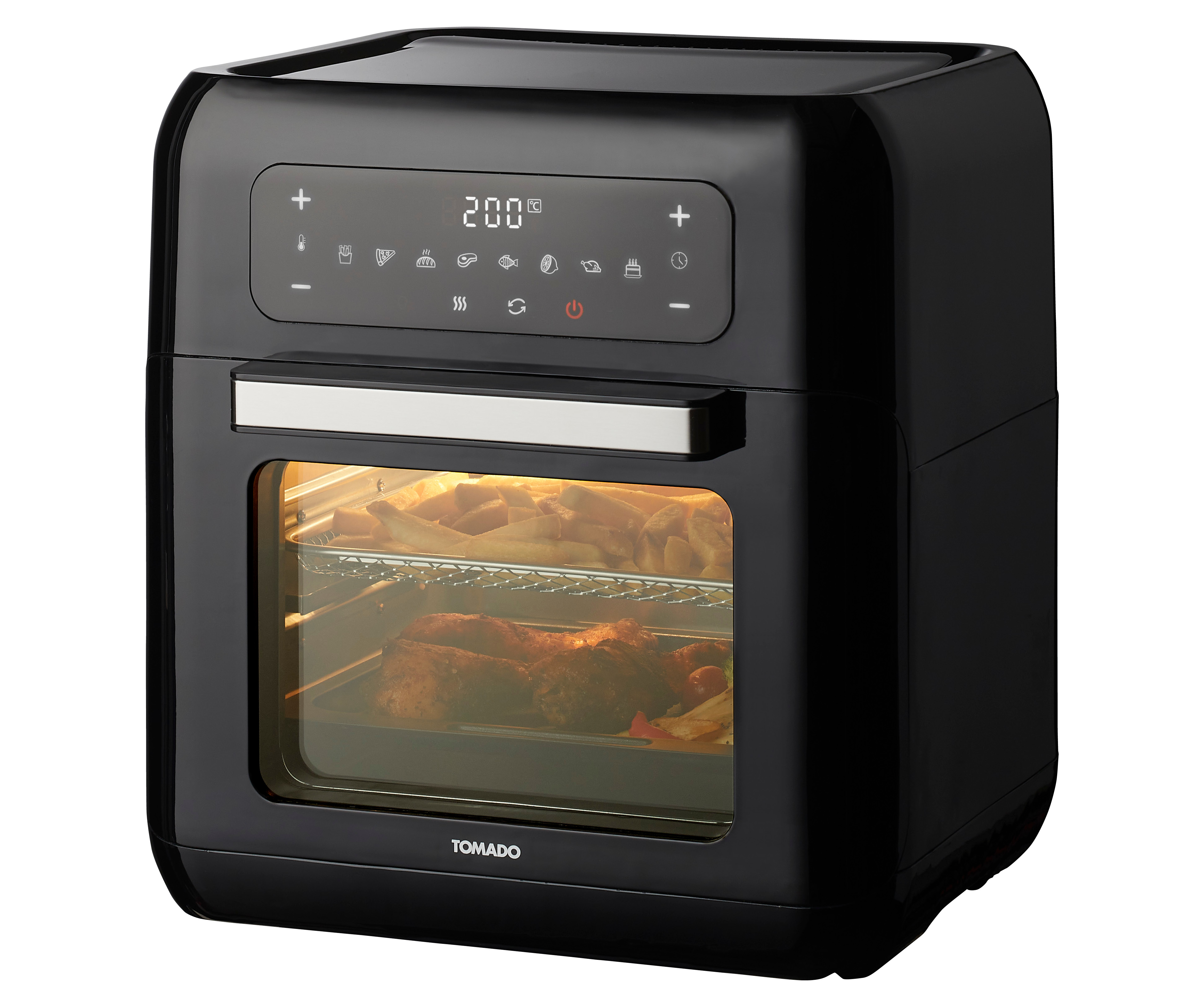 Black Tomado air fryer. It displays the set temperature, a digital screen, and a window.