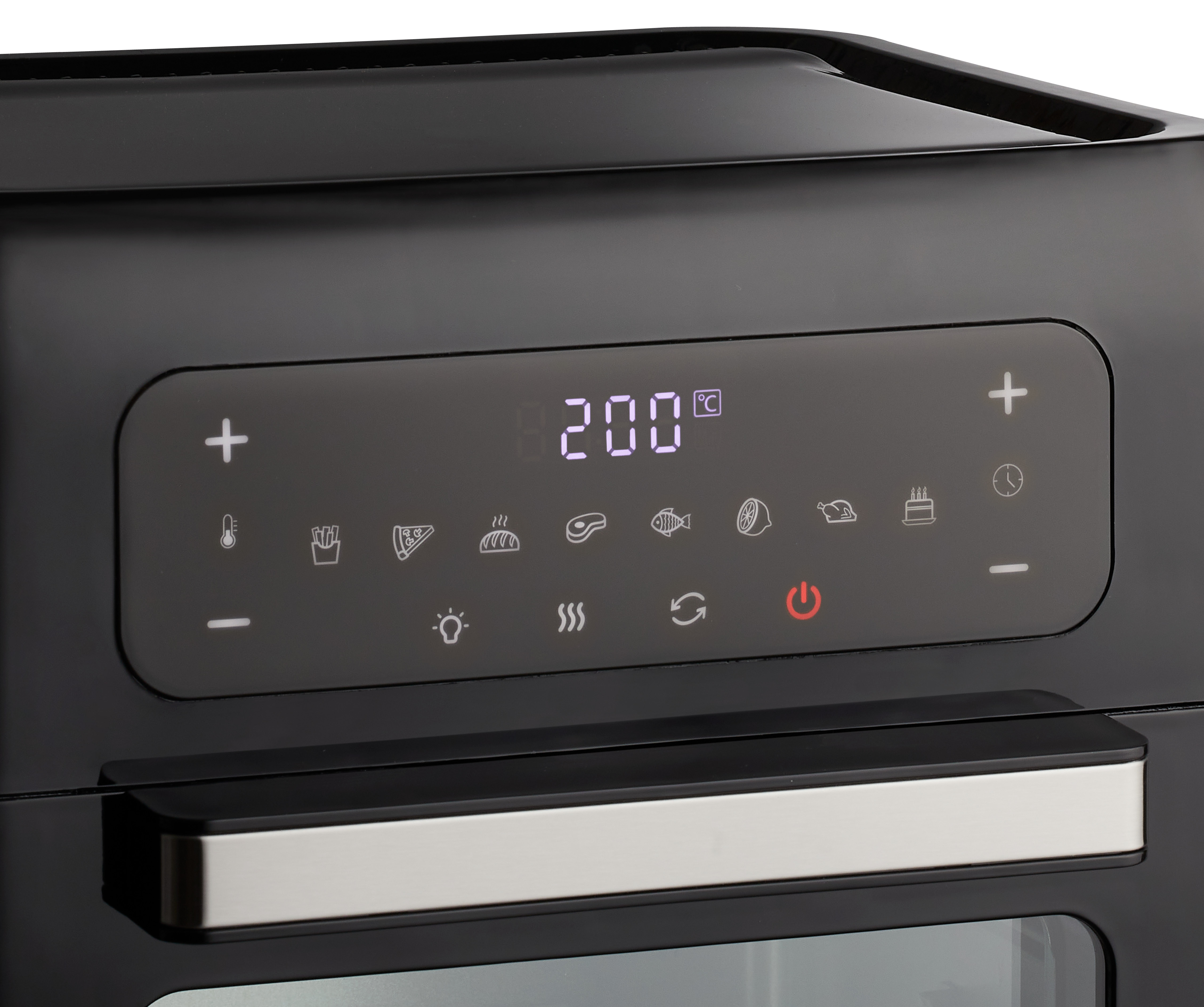 Close-up of a black air fryer control panel with a digital display showing 200°C and various icons.