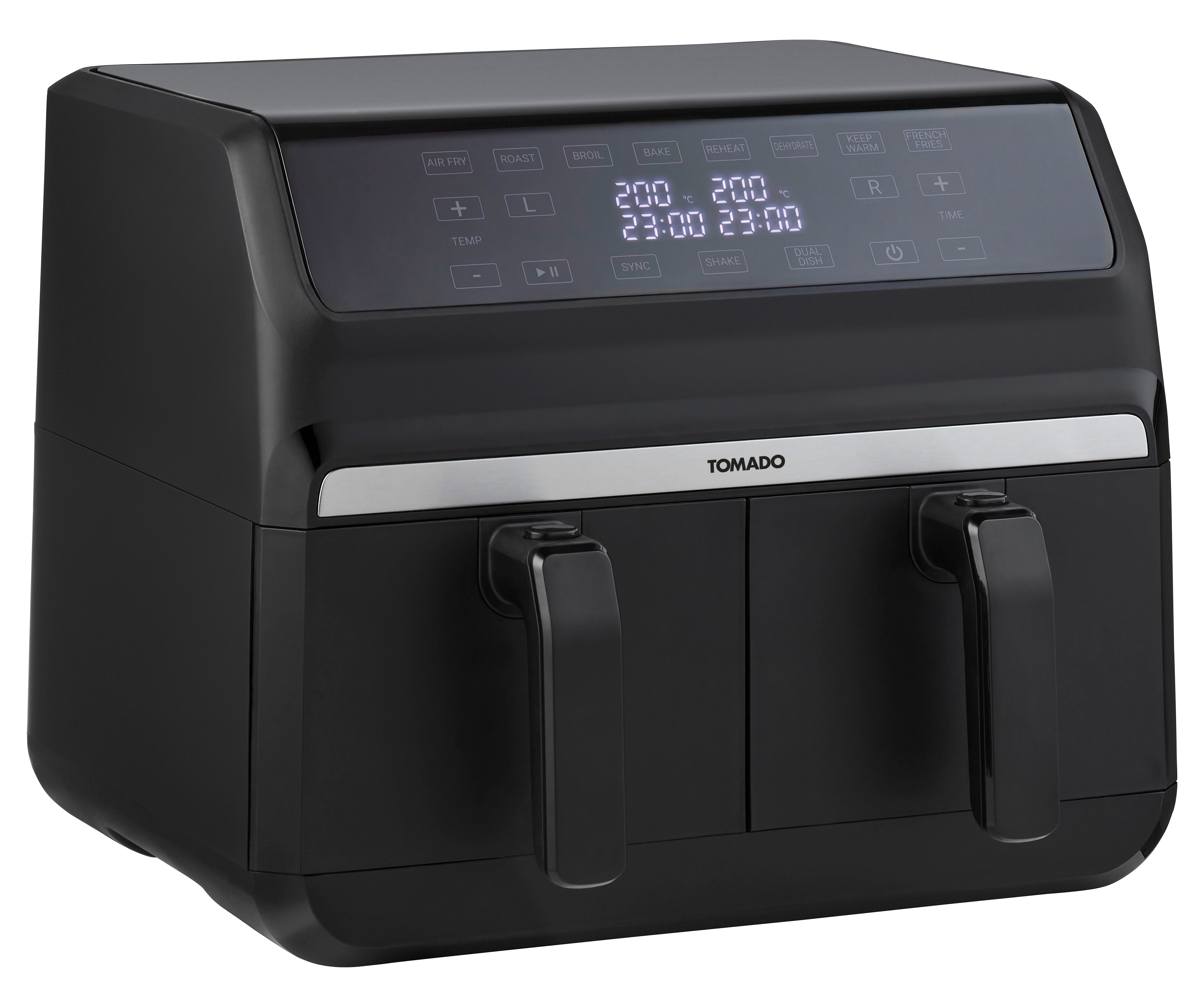Zwarte dubbele airfryer met digitaal display en twee handgrepen, een "Tomado" label.
