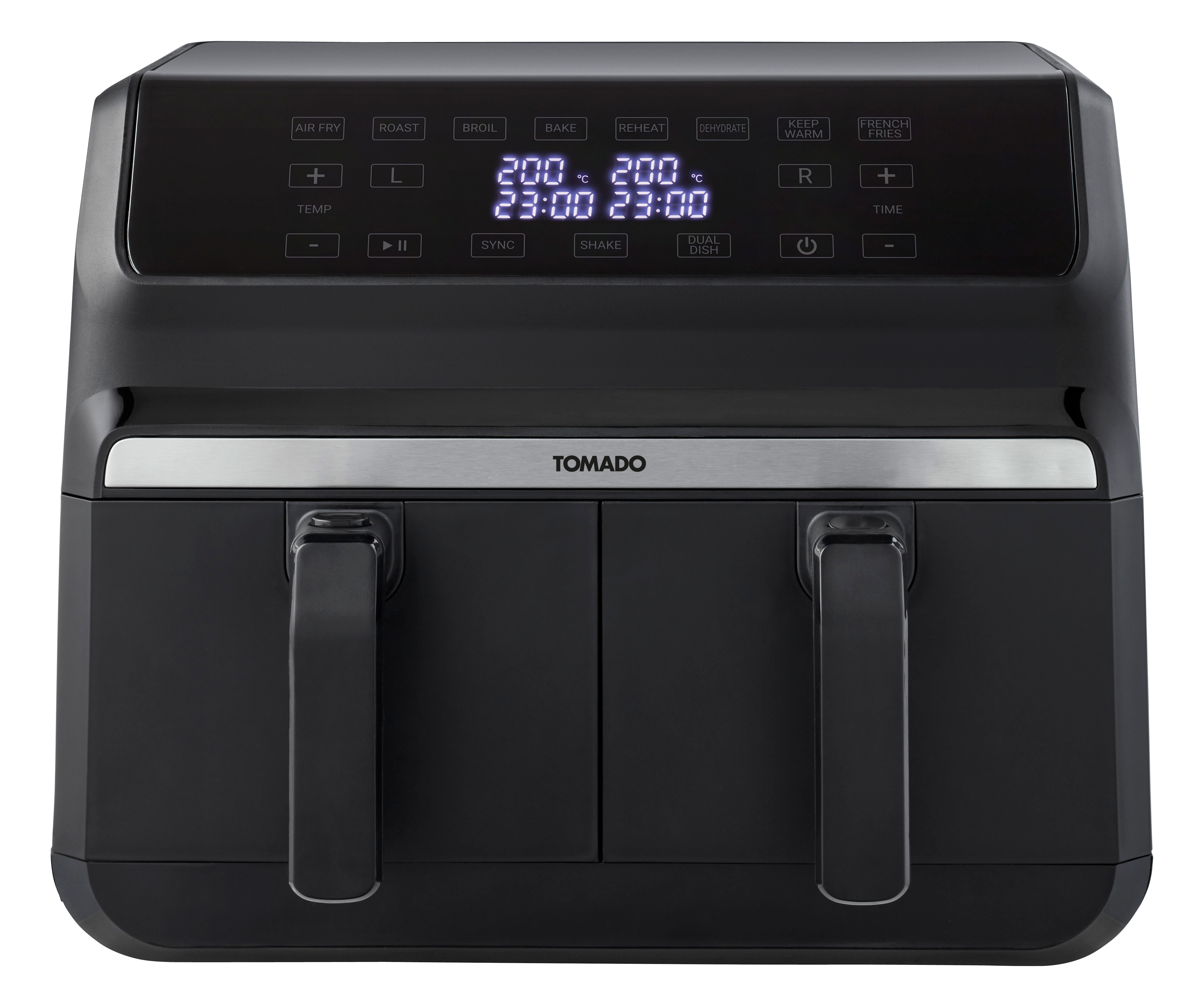 Zwarte Tomado airfryer met digitaal display. Toont bedieningselementen en instellingen.