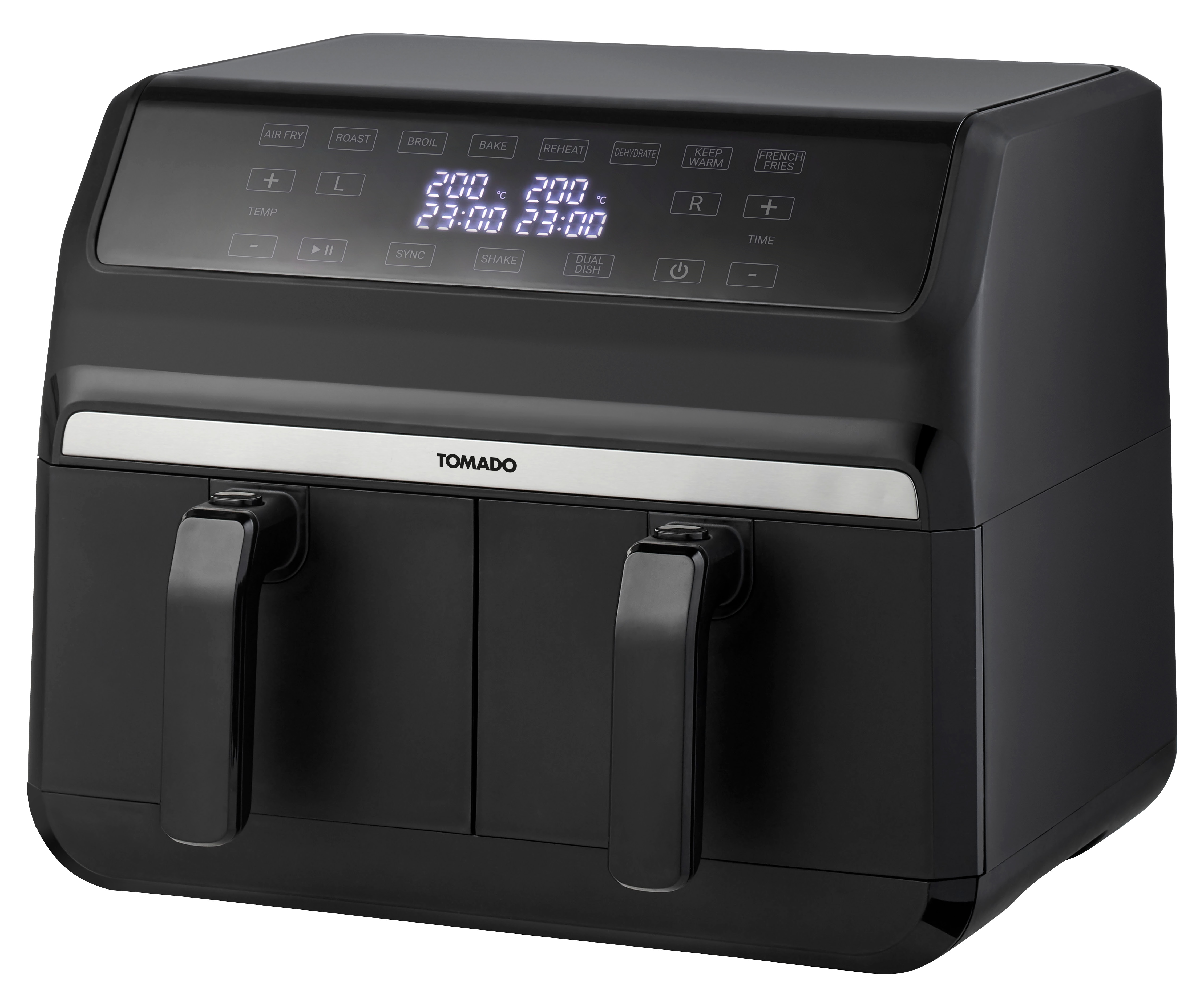 Zwarte airfryer met digitaal display en handgrepen. Display toont instellingen, knoppen voor functies.