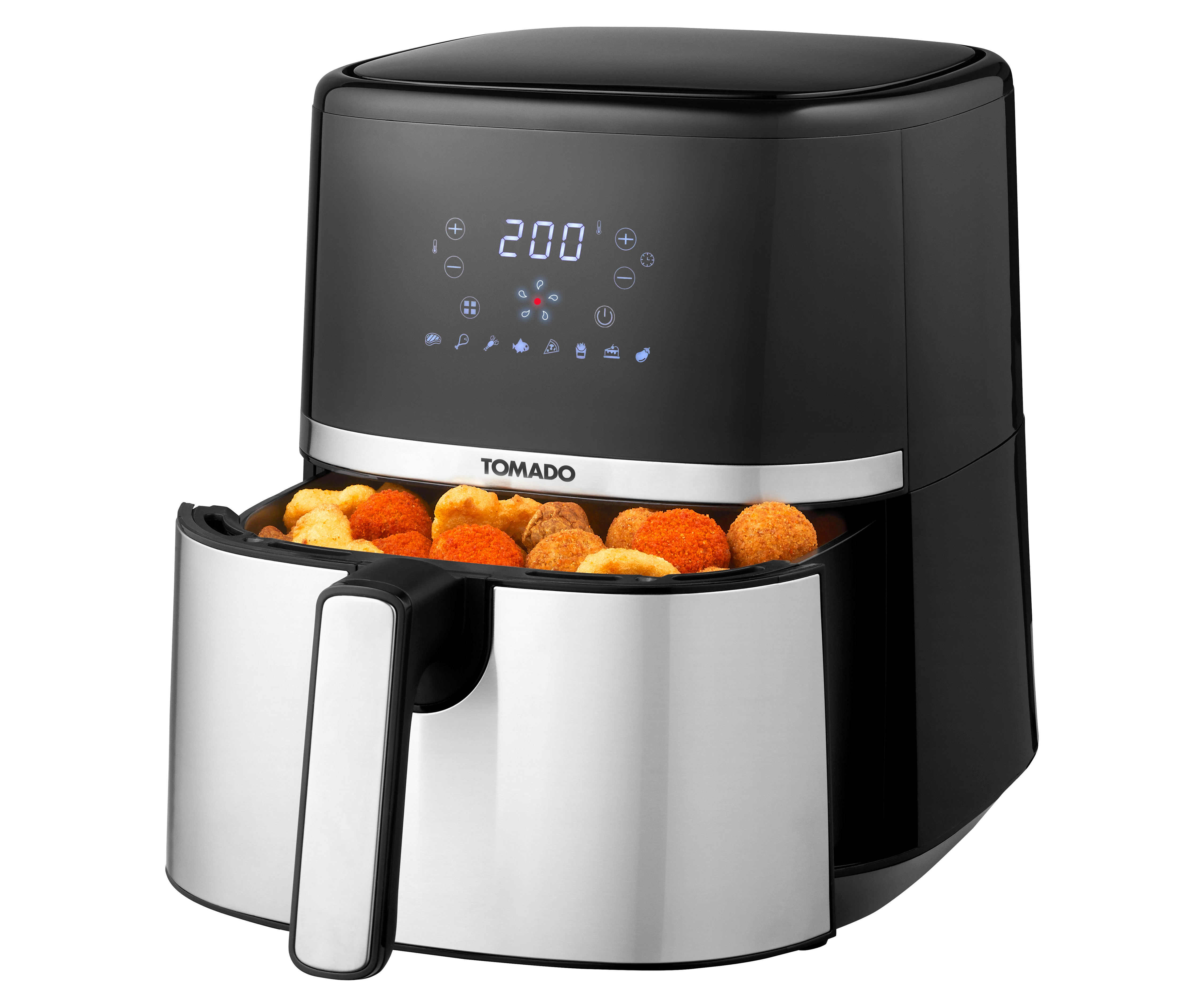 Zwarte en zilveren airfryer met een lade vol gefrituurd voedsel.