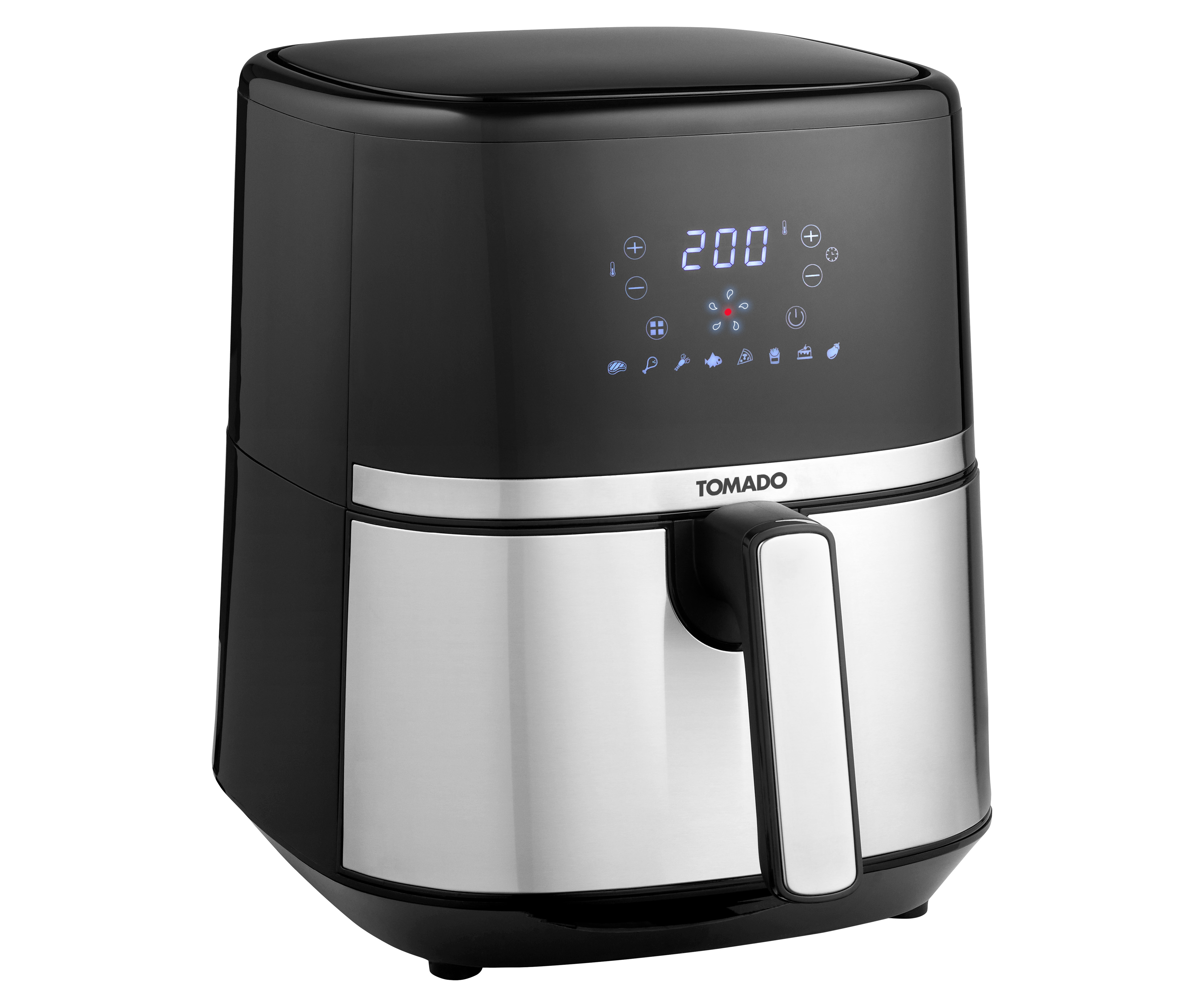 Zwarte en zilveren airfryer met een digitaal display. Met handvat en het merk TOMADO is zichtbaar.