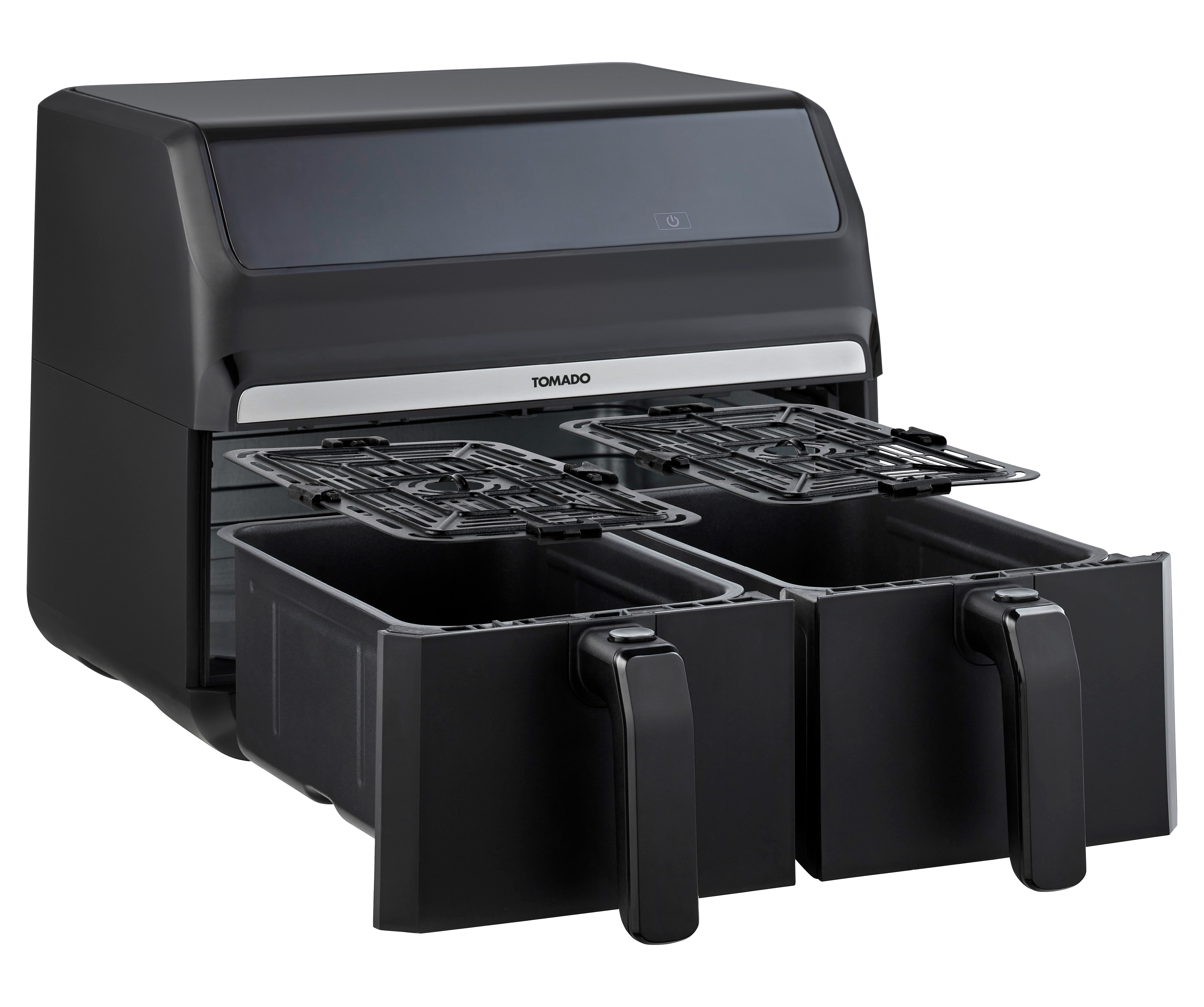 Zwarte airfryer met dubbele lades, met handgrepen, op een witte achtergrond.