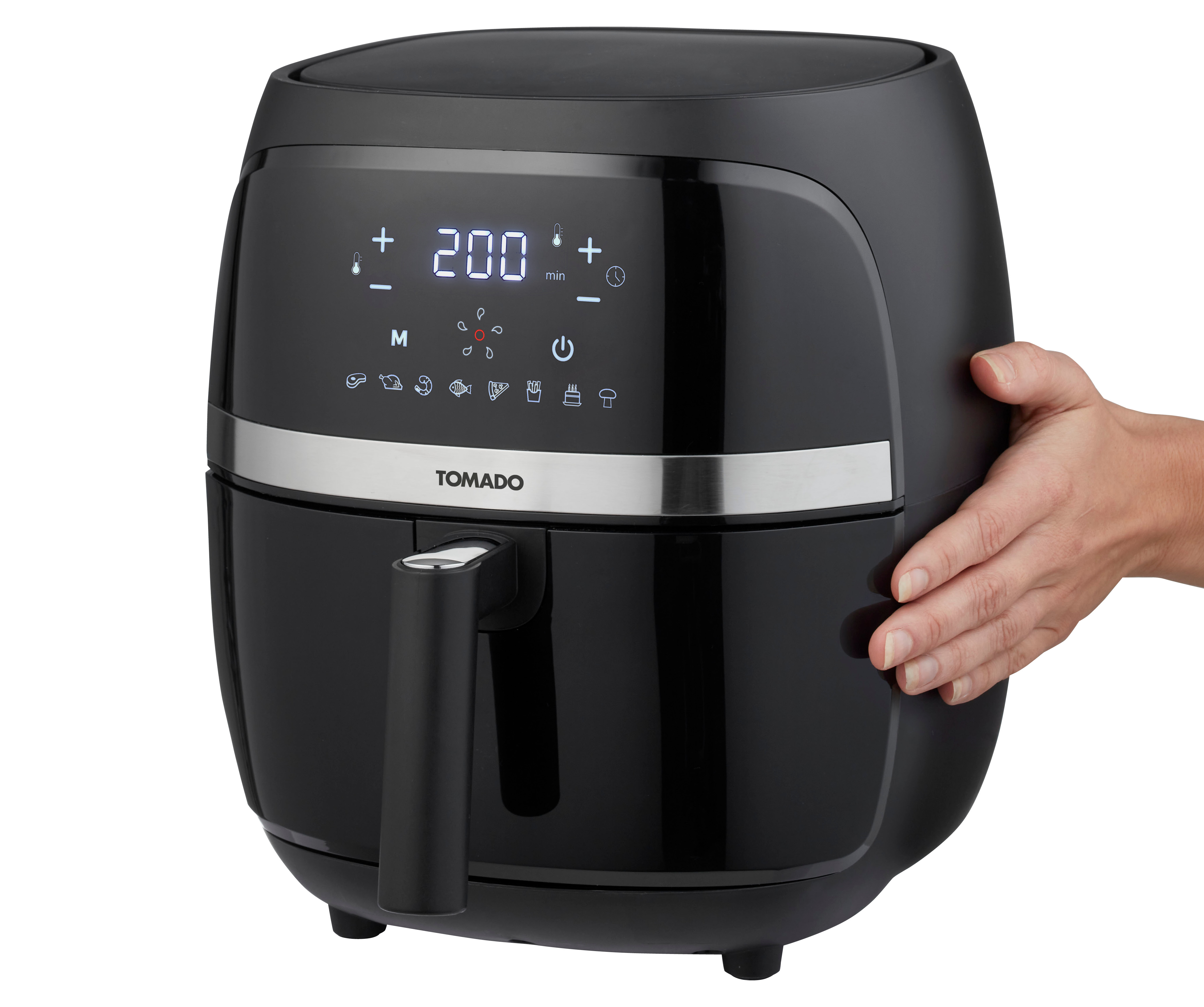 Black air fryer with digital display and hand on the side. The brand name 'TOMADO' is visible.