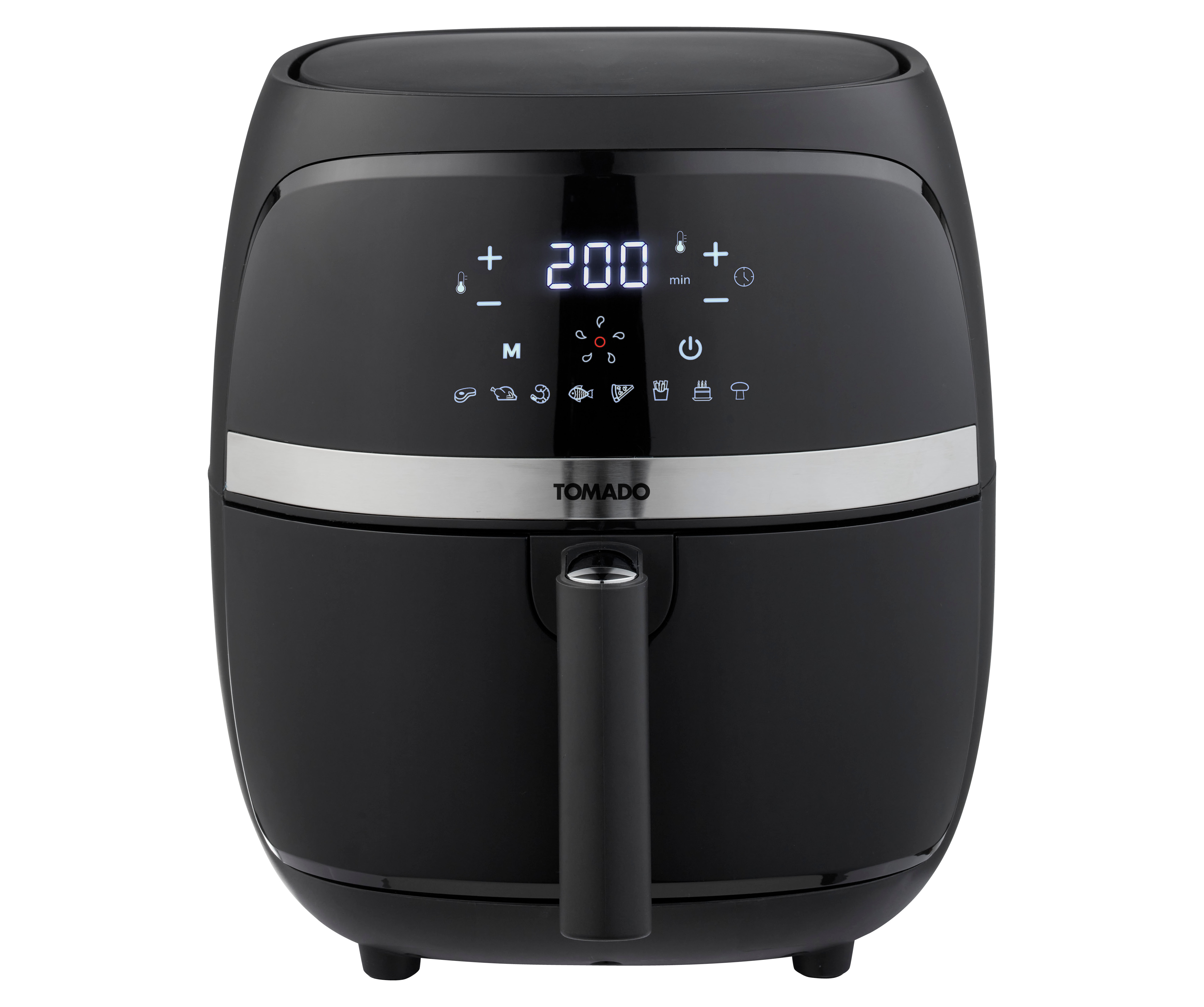 Black air fryer with digital display, a single handle, and a "Tomado" label.
