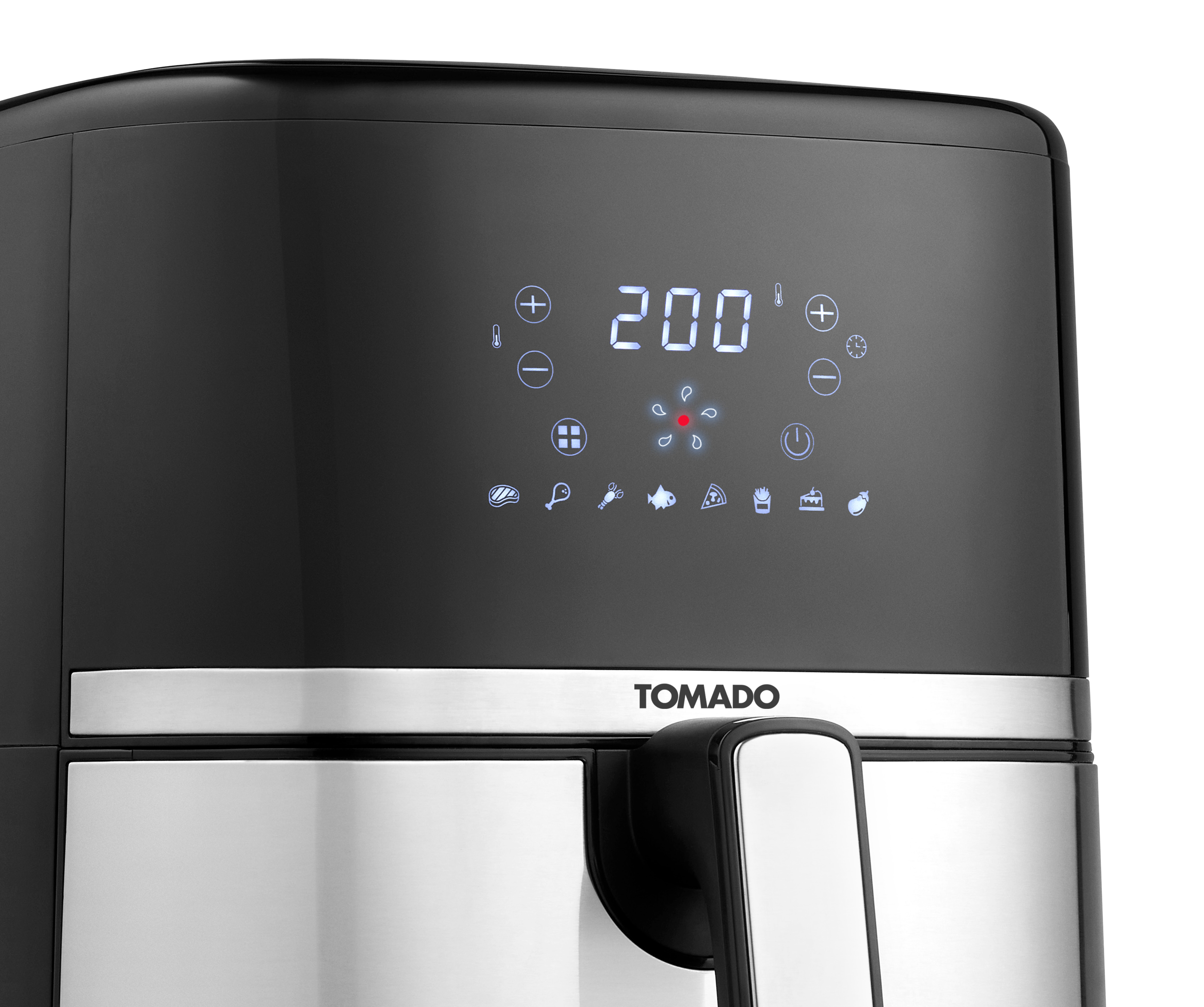 Zwart en zilver TOMADO heteluchtfriteuse bedieningspaneel met digitaal display.
