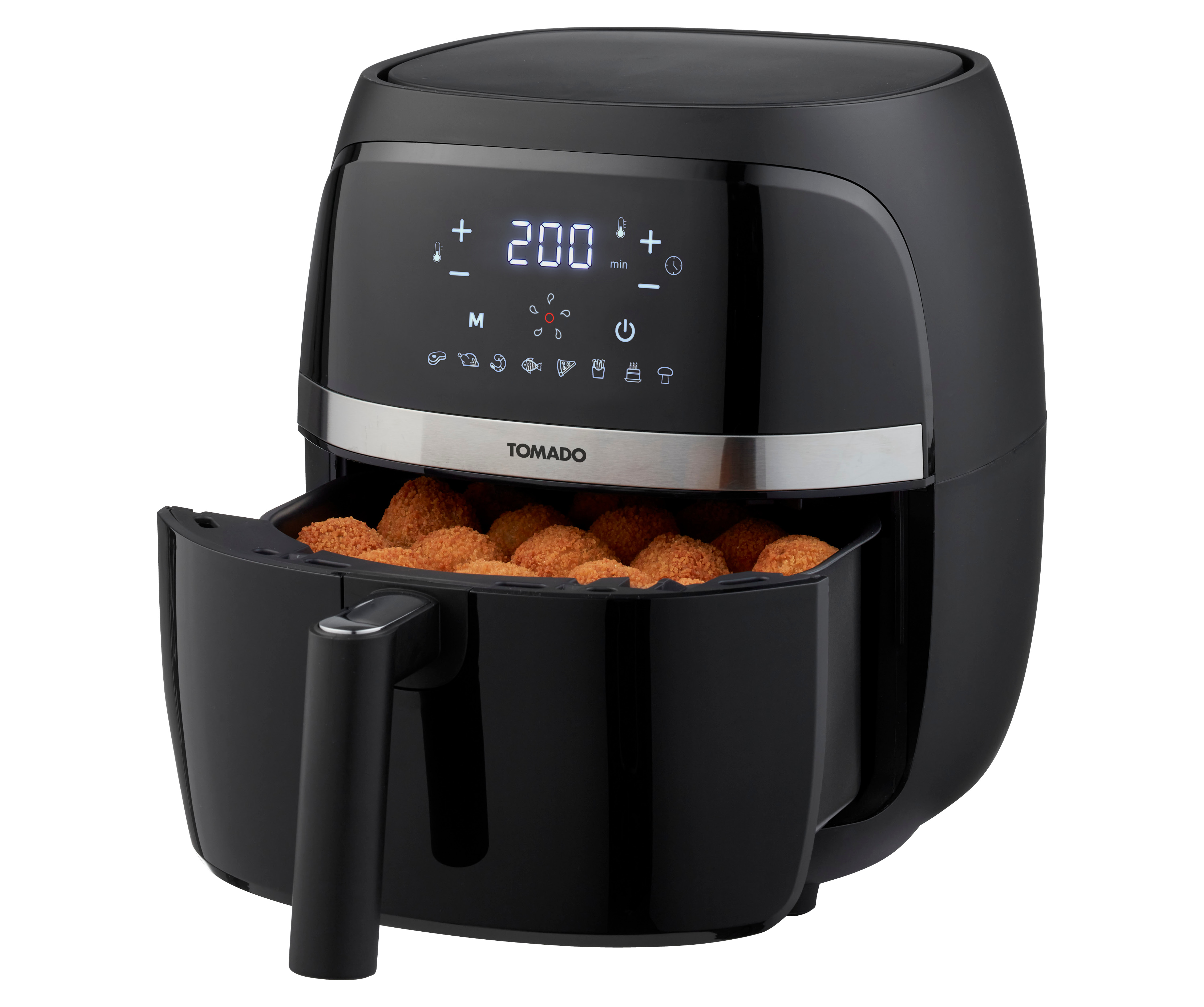 Black air fryer, front view with the drawer open, filled with fried balls.