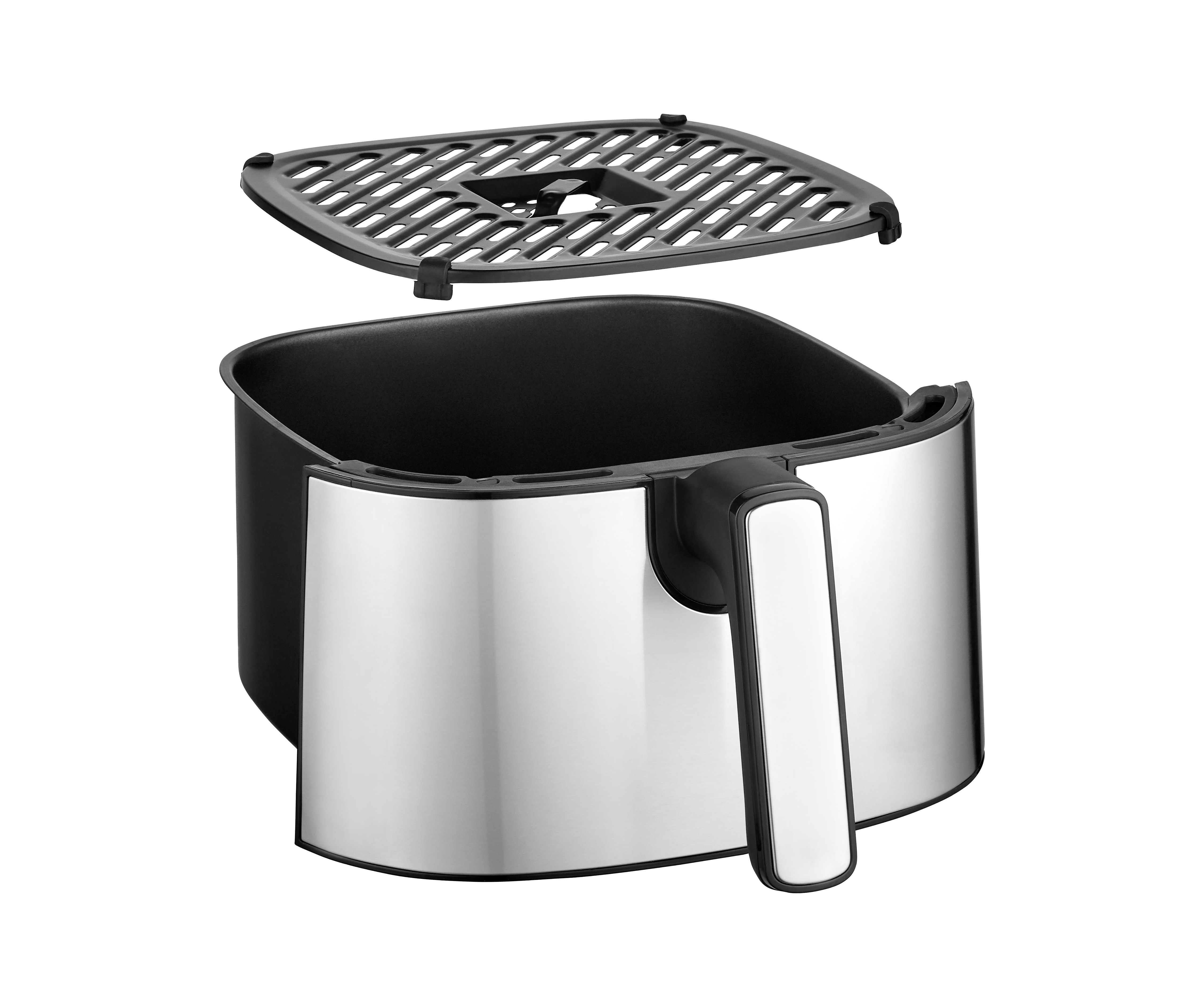 Een airfryer met een grill en binnencontainer. De airfryer is van roestvrij staal en zwart.