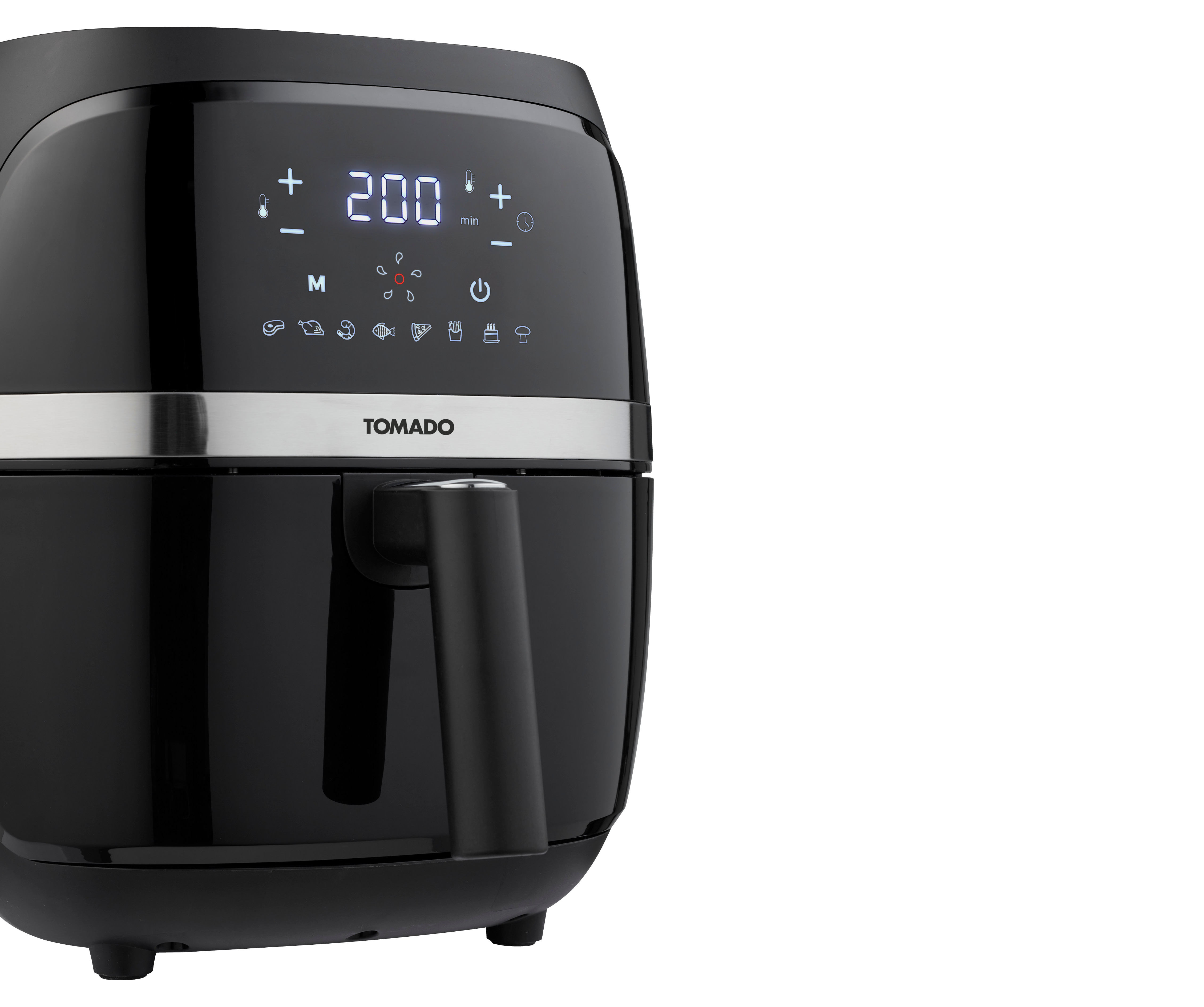Black Tomado air fryer with digital display. Digital numbers show 200 degrees and minutes. White background.