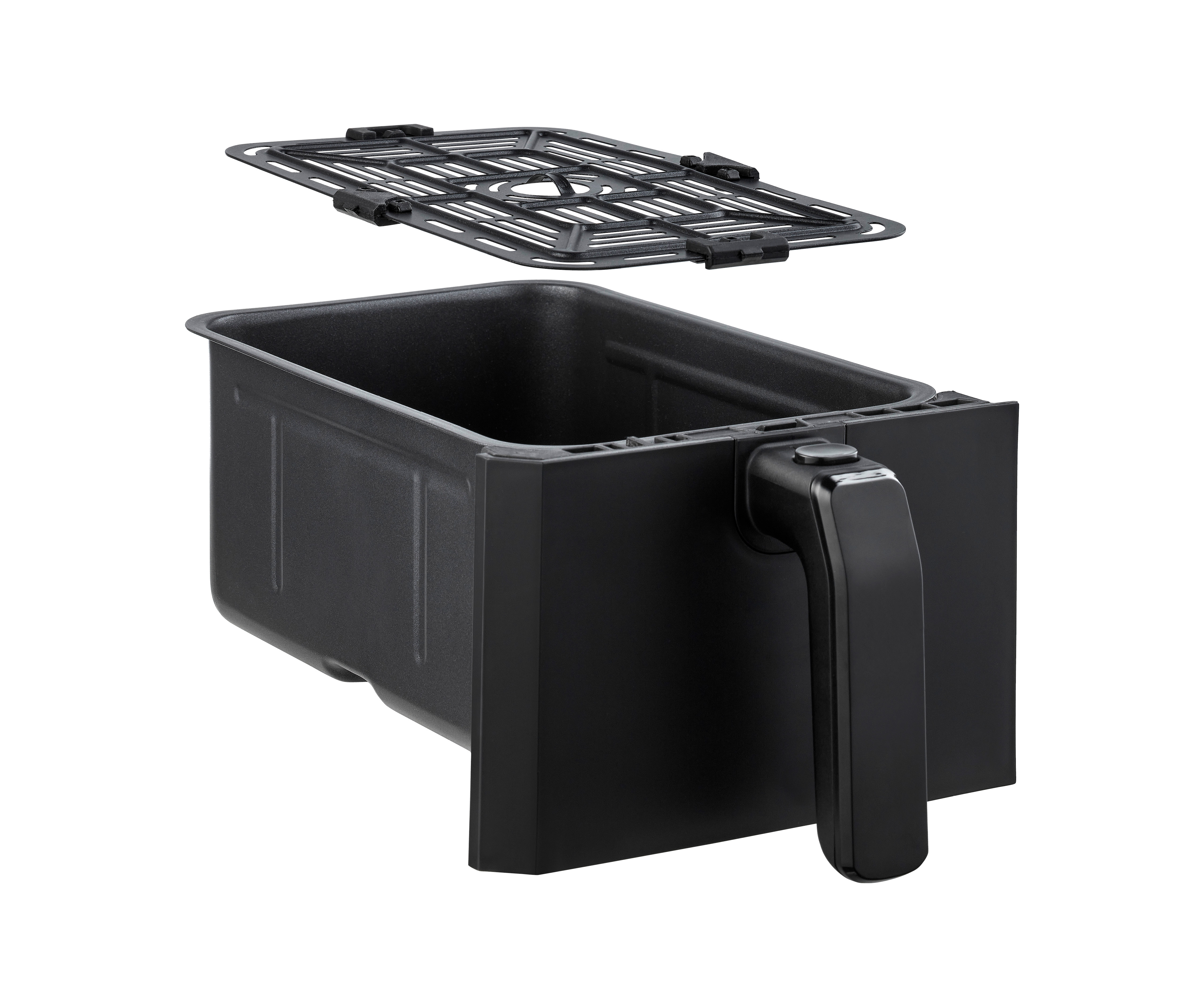 Zwarte airfryer mand en een grill. De mand heeft een handvat en de grill is rechthoekig.