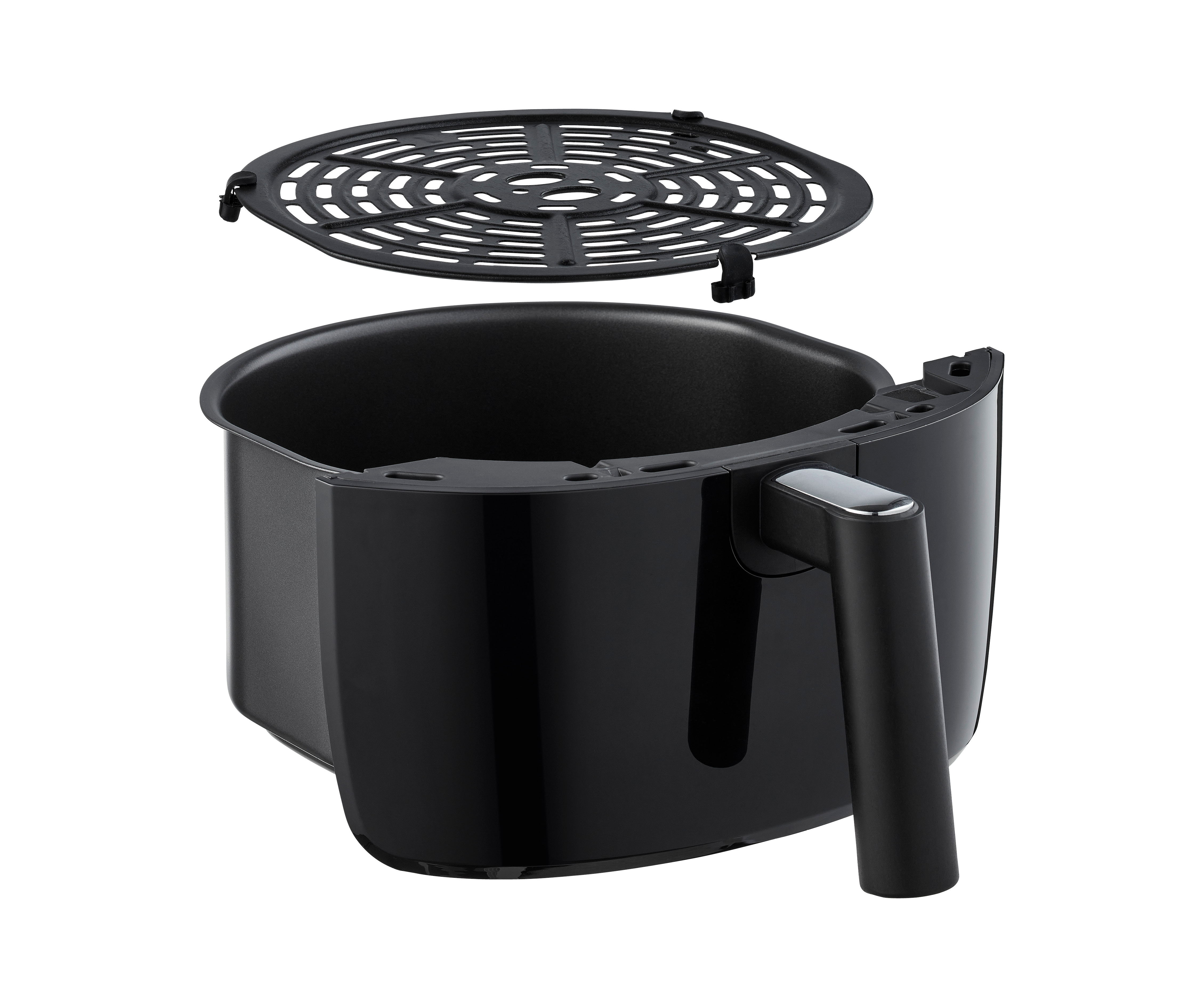 Black air fryer components, including a basket and a top grill, isolated on a white background.