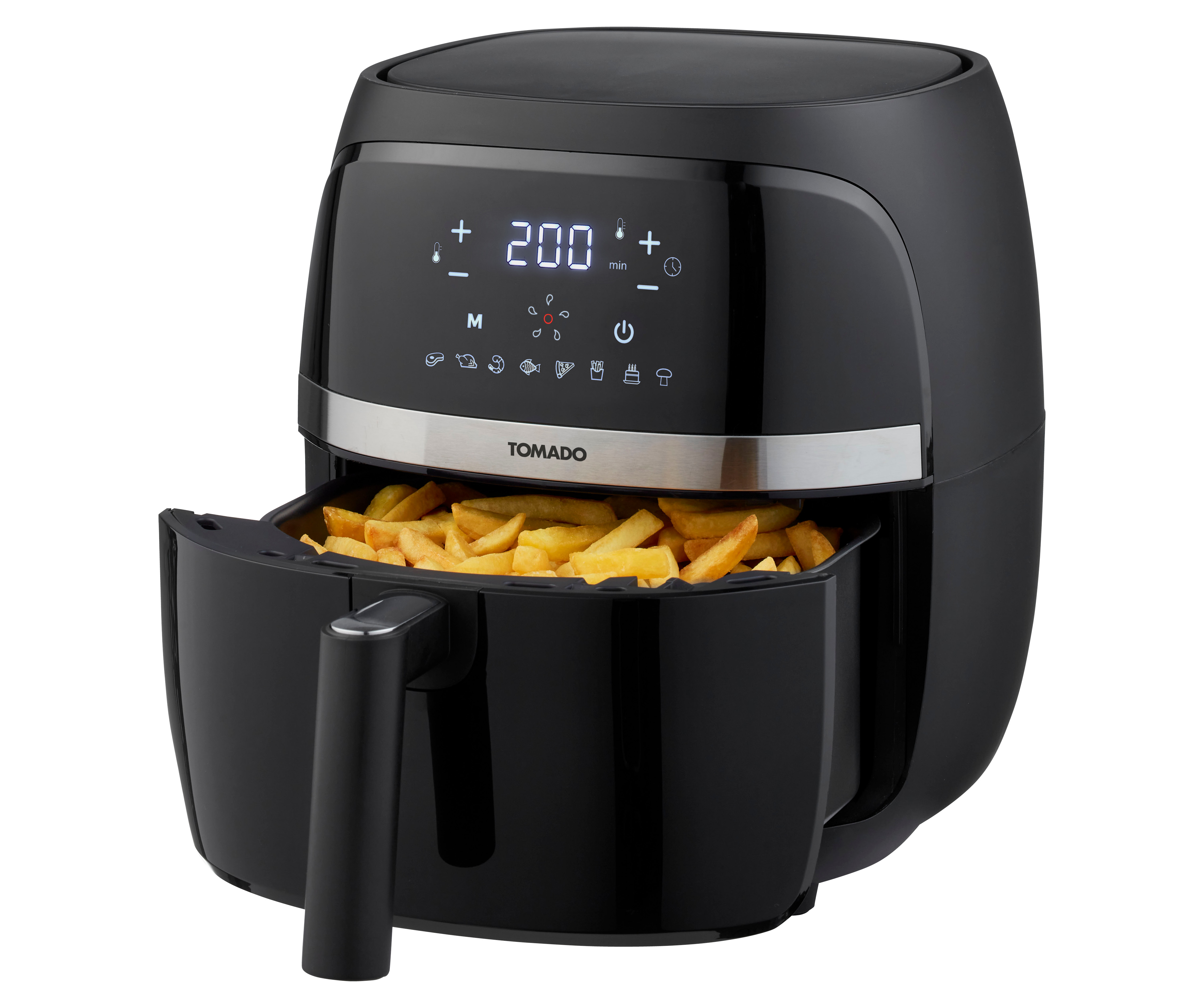 Black air fryer with fries in the basket, digital display. Isolated on white background.