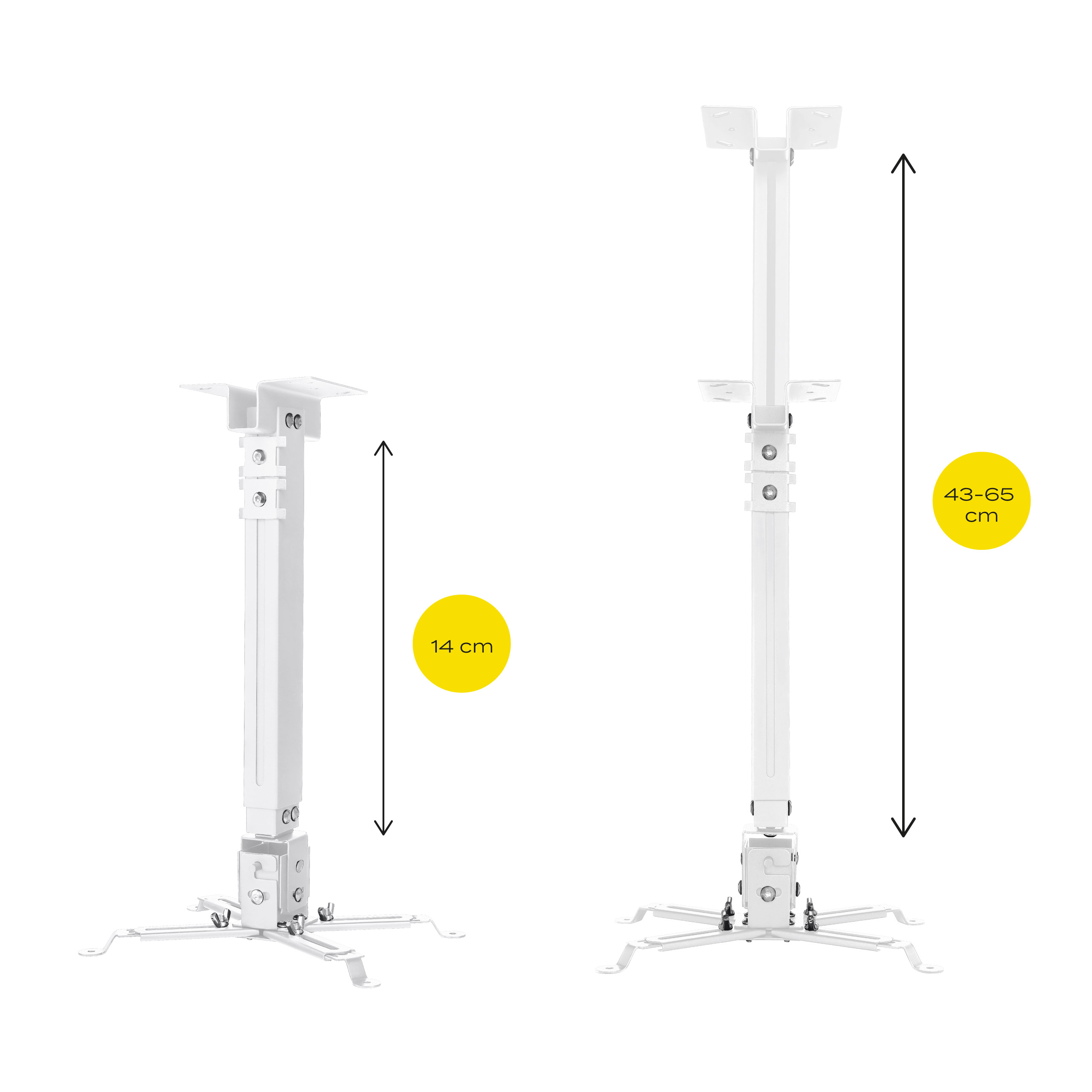Zwei weiße Projektorhalterungen, eine 14 cm hoch, die andere zwischen 43-65 cm verstellbar, vor weißem Hintergrund.