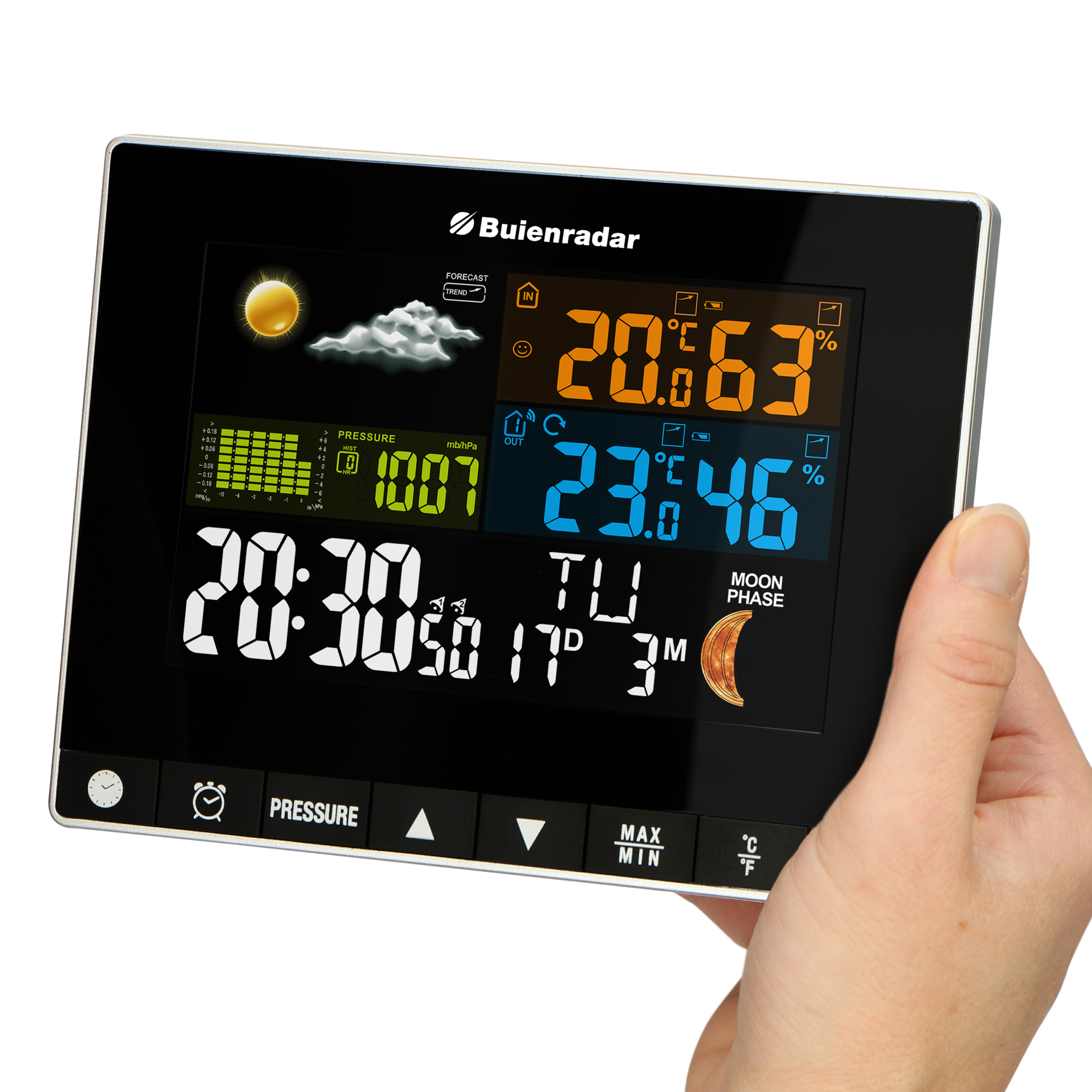 Wetterstation mit Anzeige von Temperatur, Luftfeuchtigkeit, Luftdruck, Zeit und Mondphase.