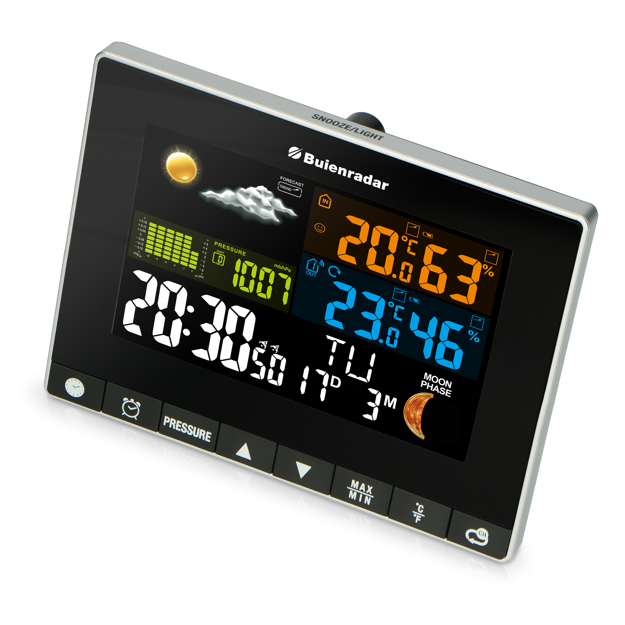 Wetterstation mit Digitalanzeige. Zeigt Zeit, Temperatur, Luftdruck, Vorhersage und Mondphase.