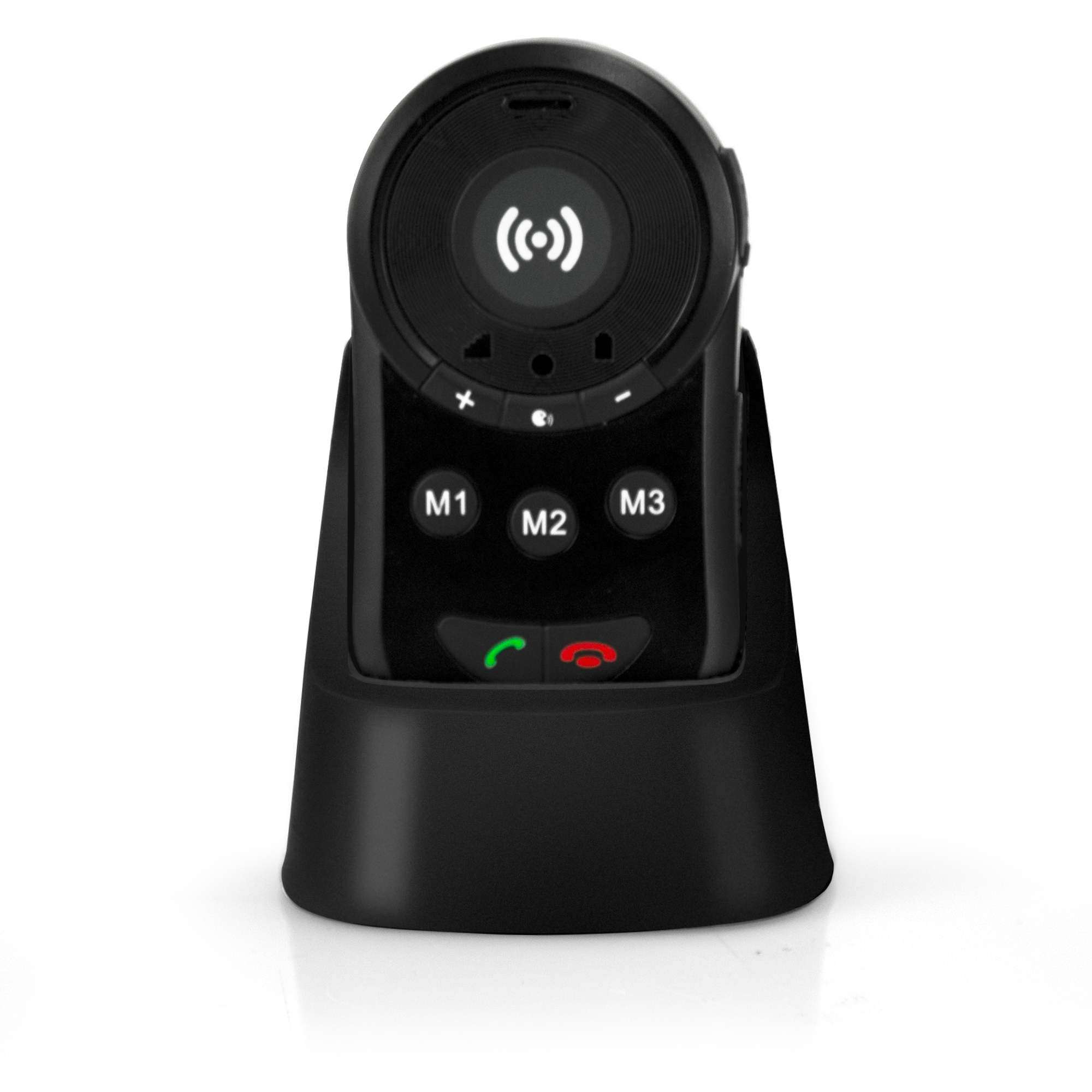 Ein schwarzes Freisprech-Kit für das Auto mit einem Funksignal-Symbol. Hat M1, M2, M3 Tasten und Anruftasten.