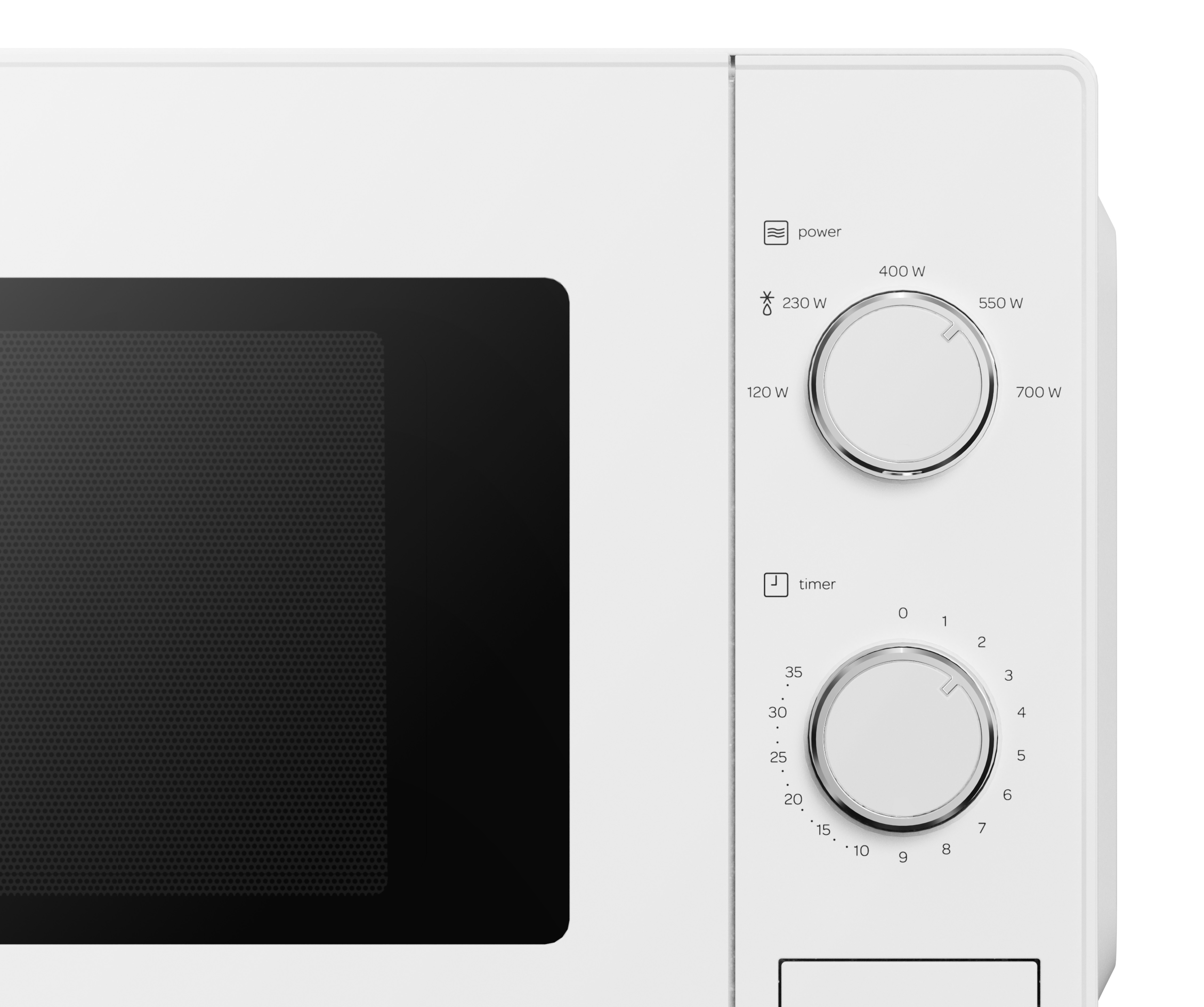 White microwave oven control panel with power and timer dials. The oven door is closed.