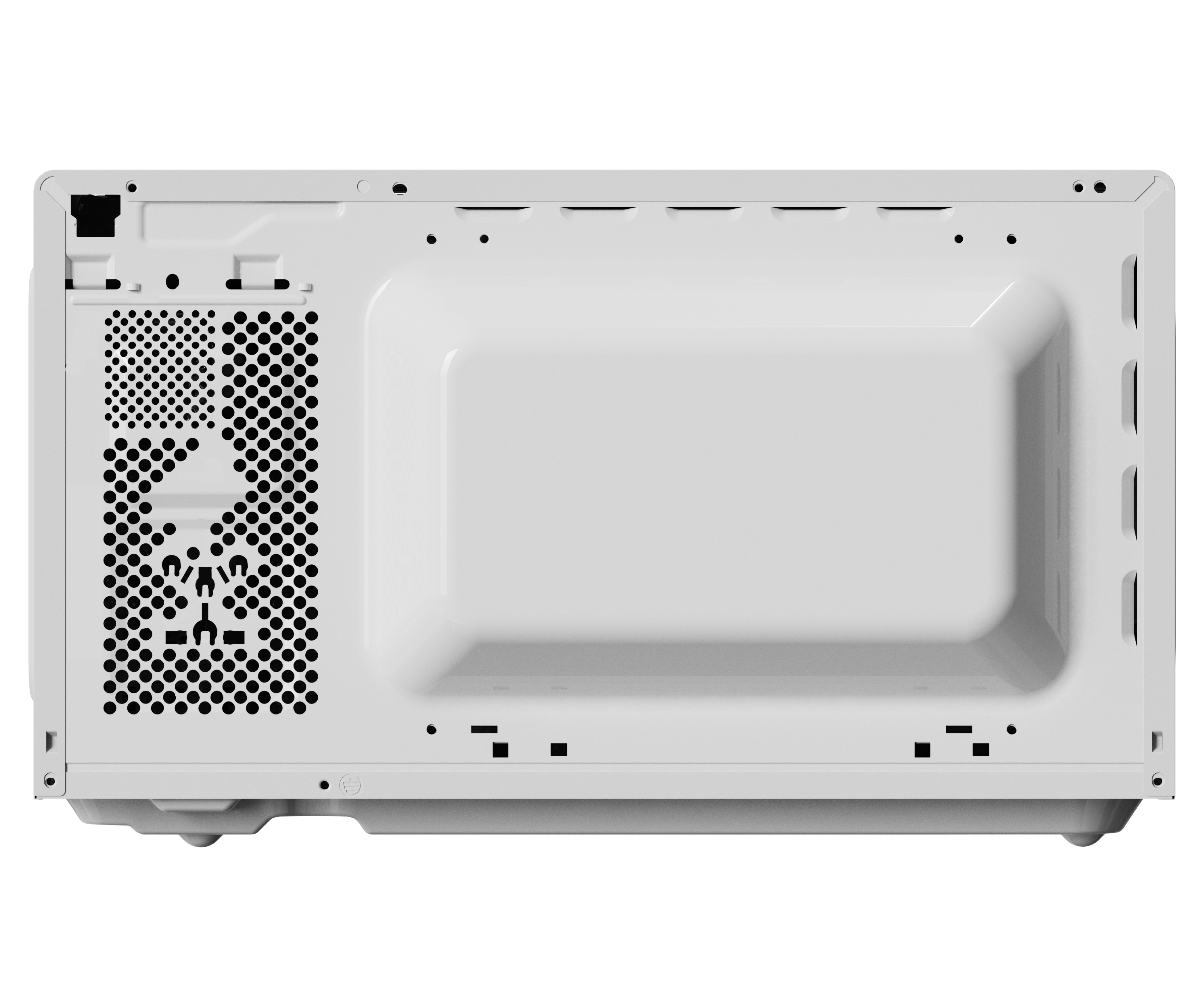 The back of a white microwave.