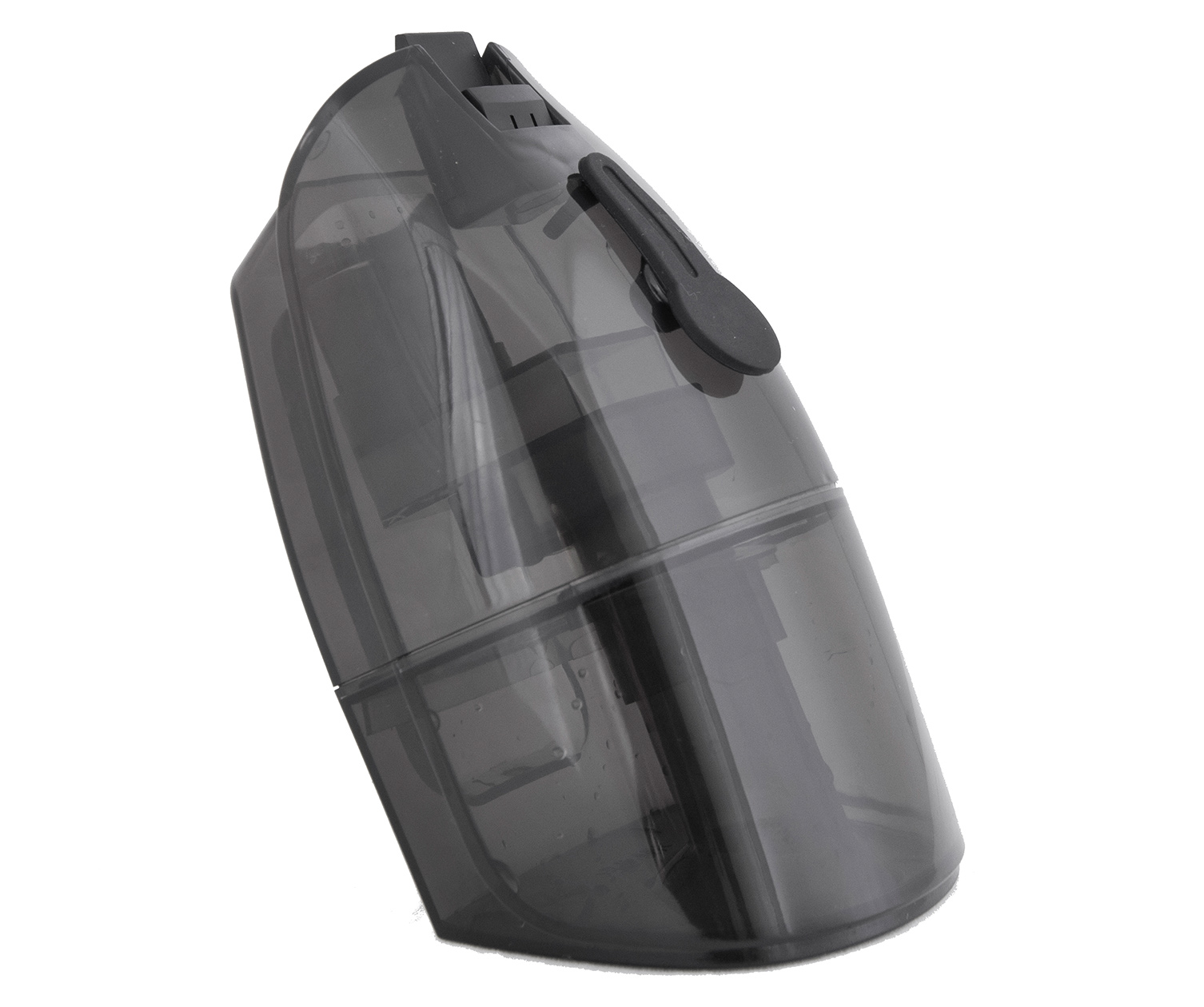 Schwarzer Dampfreiniger-Wassertank, leicht angewinkelt, transparent, mit schwarzem Griff.