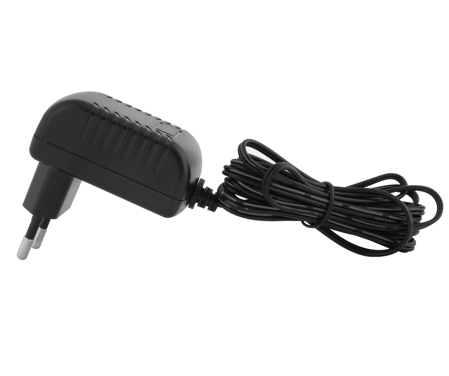 Schwarzer Netzadapter mit Kabel. Der Stecker hat zwei Stifte.