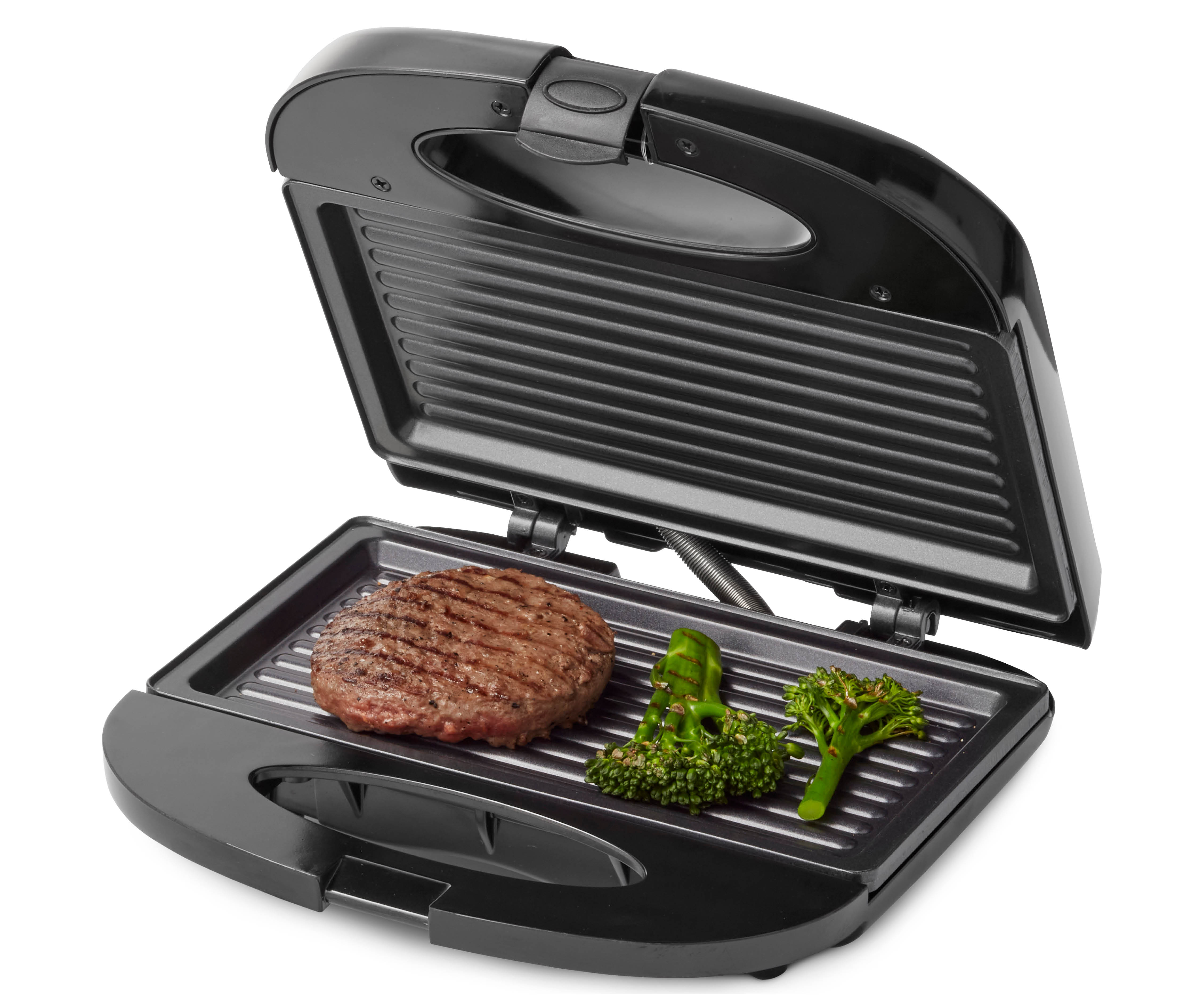 Offener schwarzer Grill mit gekochtem Burger und Brokkoli. Weißer Hintergrund.
